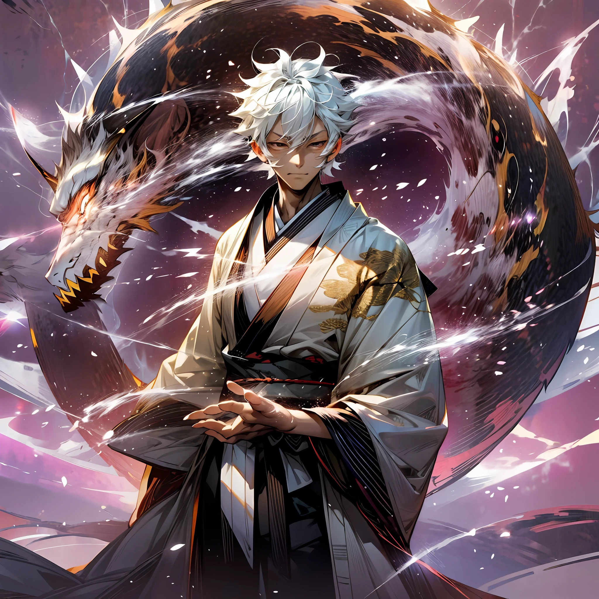 Nippon manga style, angel, zen zen, 1 MAN, DELICATE FACE, WEARING A KIMONO, SURROUNDED BY KANJI, WITH LIGHTNING BOLTS ON HIS BODY, A DIVINE DRAGON BEHIND HIS BACK, PERFECT HANDS, NORMAL FINGERS, ZEN