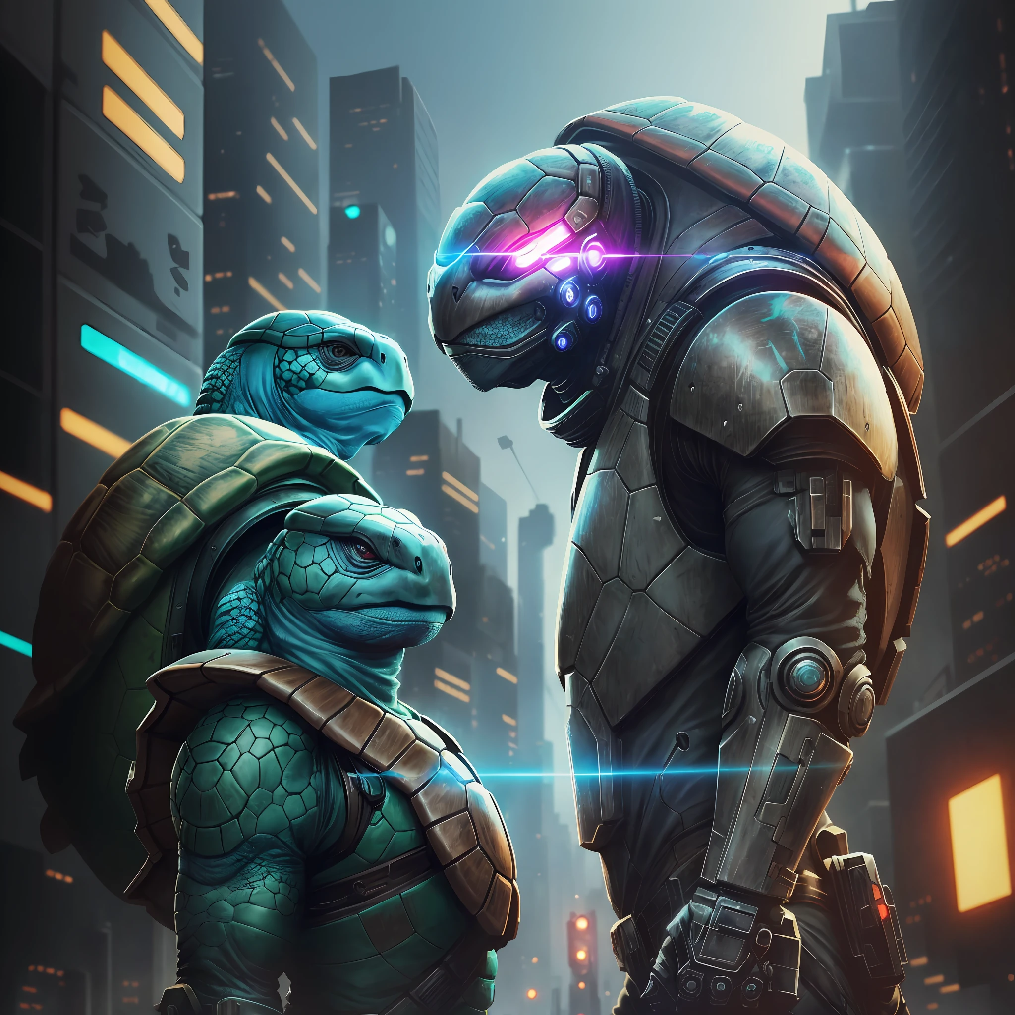Two turtles, realistic sci-fi cyberpunk power armored machine, 8k, hdr, ((complex detail, super detailed)), (backlight: 1.3), (movie: 1.3), (ArtStation: 1.3), --auto --s2