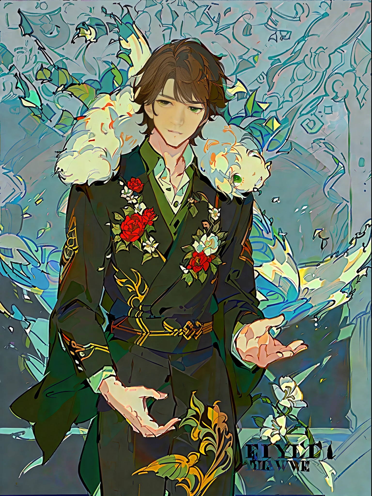 Tall handsome young man with brown hair, casual bangs, green eyes, short hair, prince, illustration, floral atmosphere rendering