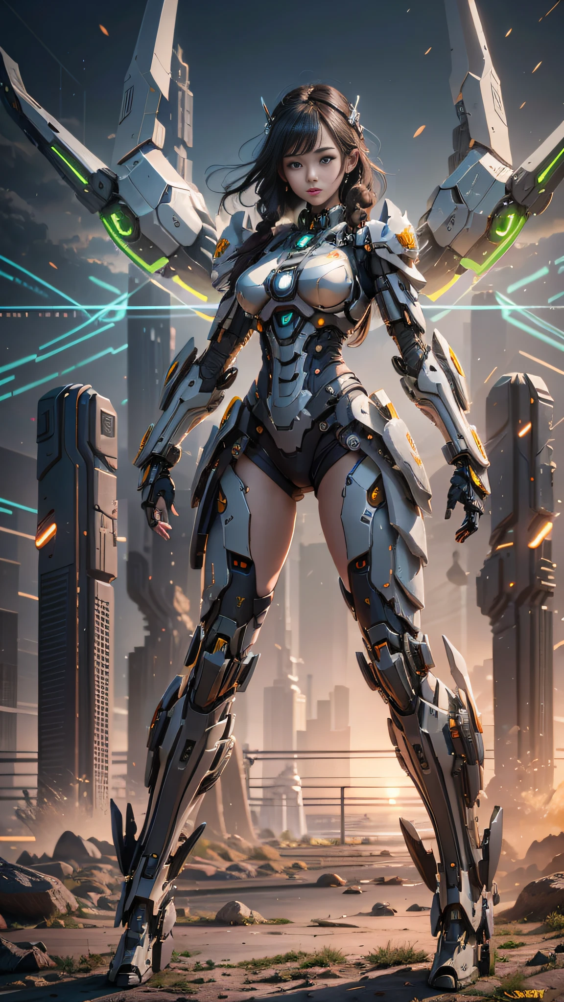 ((Best Quality)), ((Masterpiece)), (Very Detailed: 1.3), 3D, Icaru valkirie-mecha, Beautiful cyberpunk woman using crown, sci-fi technology, HDR (High Dynamic Range), ray tracing, nvidia RTX, super resolution, unreal 5, subsurface scattering, PBR texture, post-processing, anisotropic filtering, depth of field, maximum sharpness and sharpness, multi-layer texture, specular and albedo mapping, surface shading, accurate simulation of light-material interactions,  perfect proportions, octane rendering, duotone lighting, low ISO, white balance, rule of thirds, wide aperture, 8K RAW, high efficiency subpixels, subpixel convolution, light particles, light scattering, Tyndall effect, very sexy, full body, battle pose, black hair with braids,