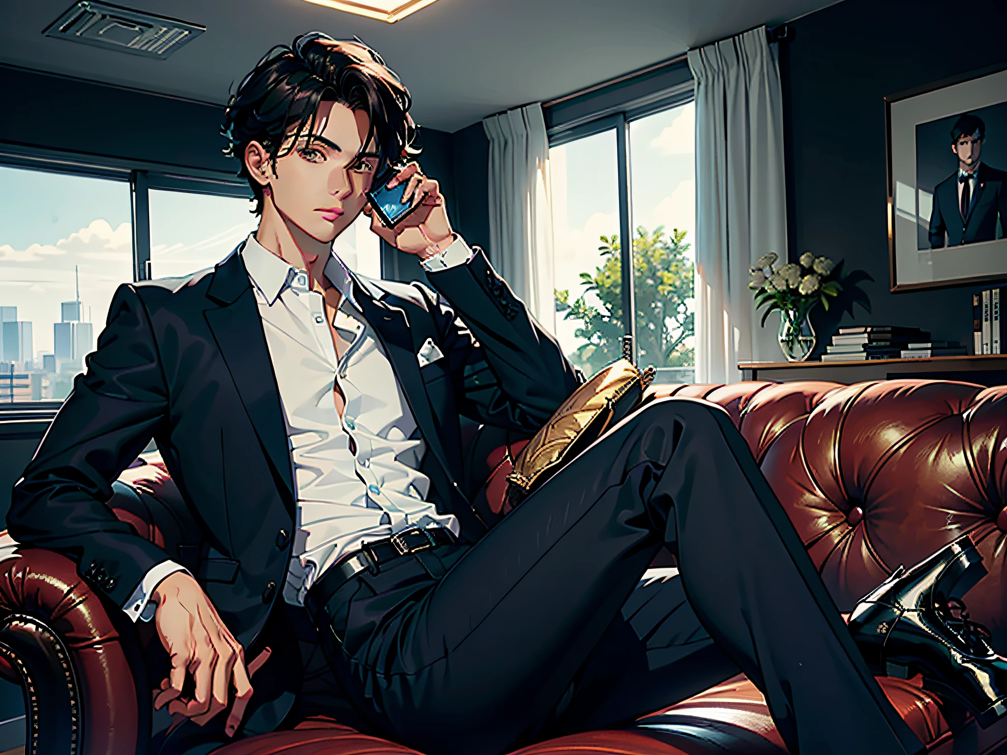 A handsome boy, 20 years old, sitting on a luxury sofa in the office, behind a floor-to-ceiling window, a serious face, looking at the mobile phone in his hand, wearing a black suit and shirt,