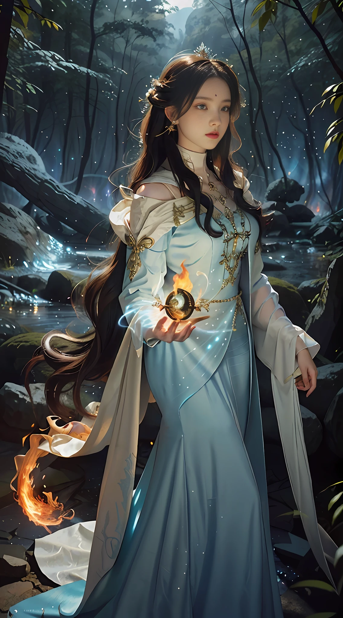 A painting of a woman holding a colored divine stone and divine fire, looking up at the sky, the sky is pouring floods, snake woman mixed, mythical colors, Morbach, Peter Morbach's style, Peter Morbach's style, Peter Morebach's c 2 0, Art style in Morbach, Peter Morbach style, Snake woman in white gauze dress, In Peter Morbach's style, The Serpent Queen has no legs, Peter Morbach and artistic reproduction, looking up at the sky, depth of field fairy under mortal, magic, wearing a long dress made of light, enchanted forest, flow, (((fire)) magic), tight witch costume, magic costume, ((flowing hairstyle))), ((glowing eyes))), wearing a cloak, ((bokeh)), depth of field, sunny atmosphere, only one person in the picture