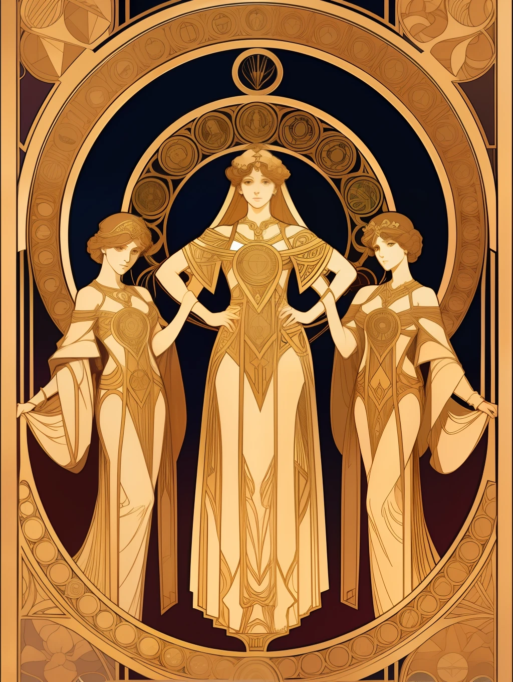Symmetry Full-Layout Complete Composition and Complete Closed Alfons-Mucha-Style Rectangle Decorative Surround Full-Layout Whole Edge and absolutely five fullbody female stand together in A frame