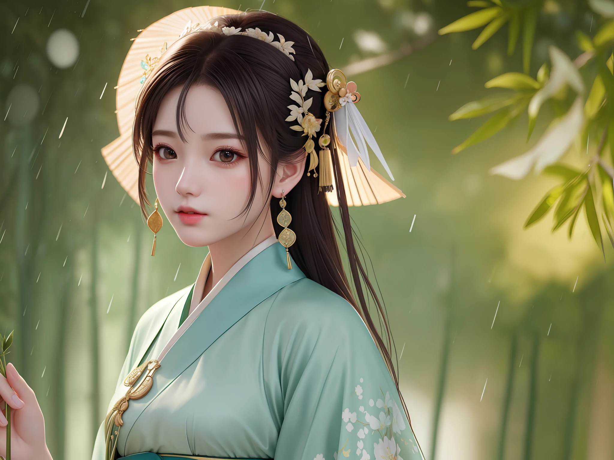 Masterpiece, extremely detailed CG unity 8k wallpaper, 1girl, beautiful, realistic, blurry, blurry_background, blurry_foreground, bamboo forest, depth of field, earrings, jewelry, nose, realistic, solo, hanfu, rain
