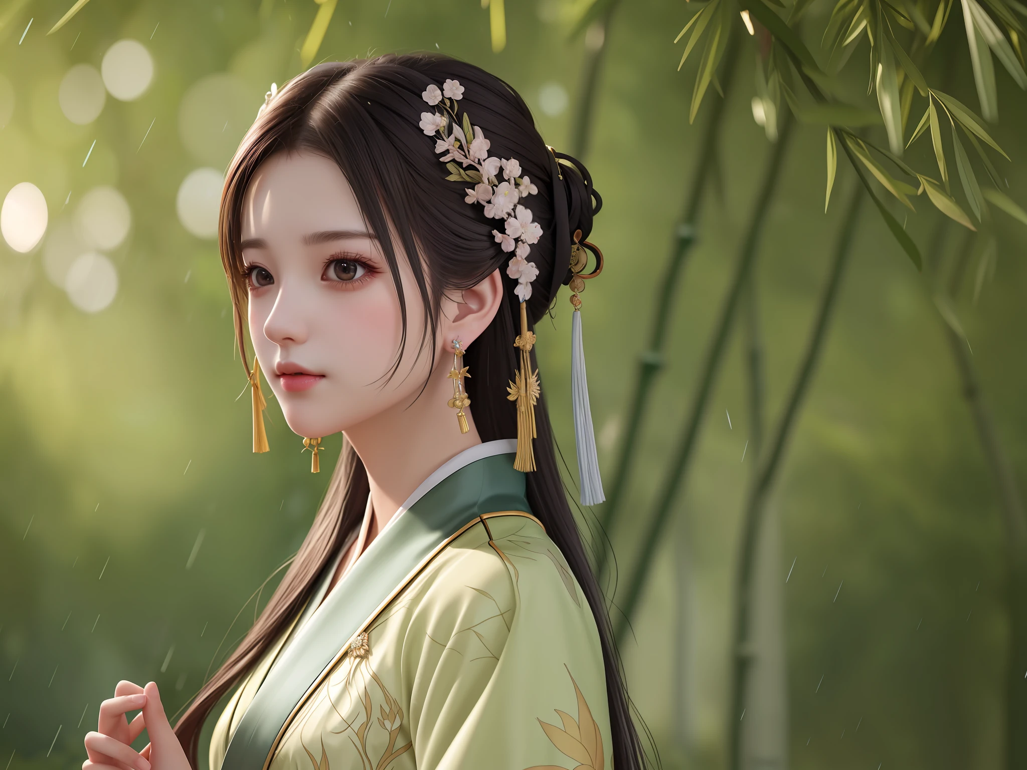 Masterpiece, extremely detailed CG unity 8k wallpaper, 1girl, beautiful, realistic, blurry, blurry_background, blurry_foreground, bamboo forest, depth of field, earrings, jewelry, nose, realistic, solo, hanfu, rain