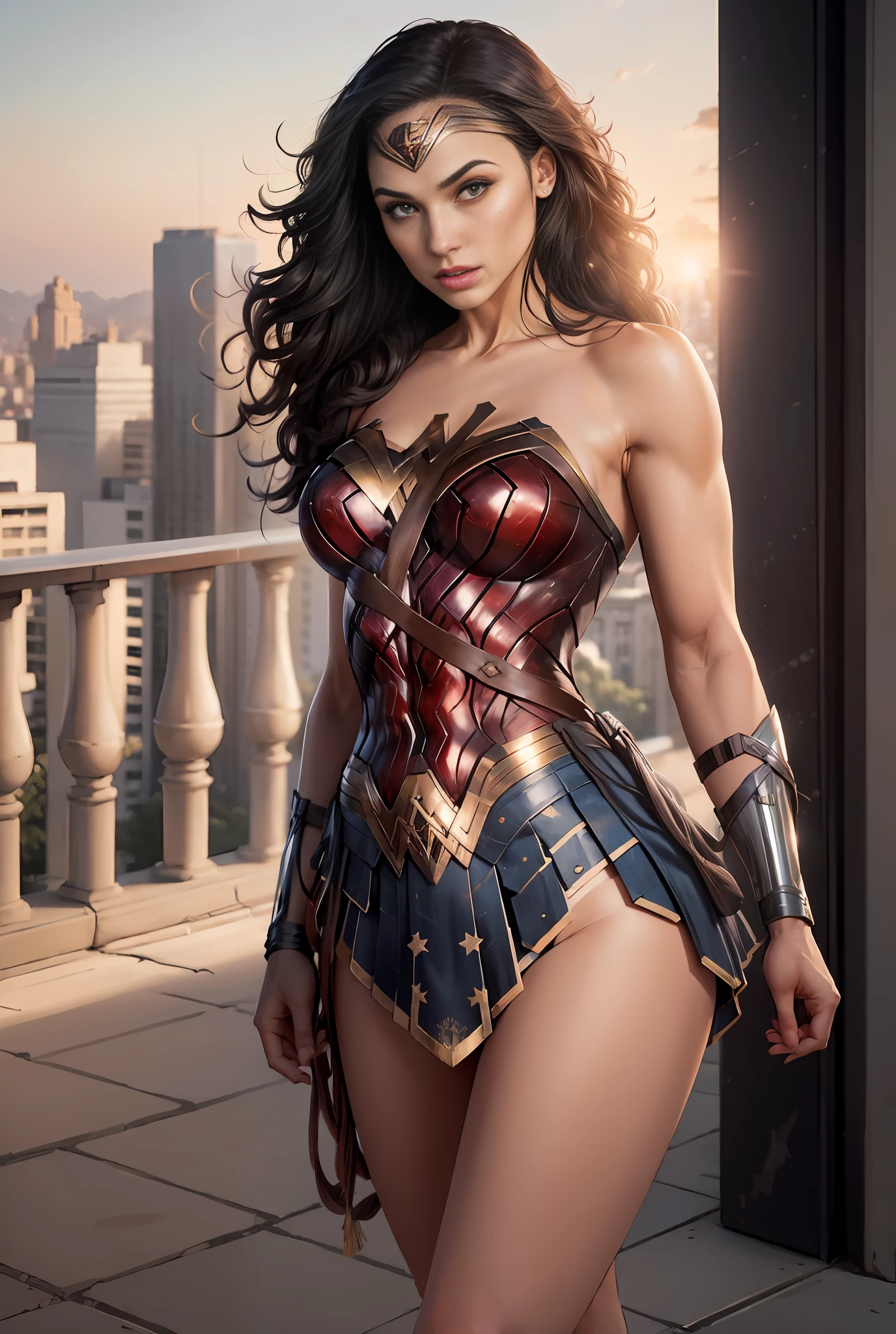 ((best quality, masterpiece, absurd, 8k)), 1 girl, solo, 19 years old, wonder woman(gal gadot), huge breasts,huge breasts, long hair up to the hip, long hair,loose hair, voluminous hair, young Brazilian, white skin tone, green eyes, expressive eyes, huge breasts, wonder woman cosplay, behaved dress, skirt long wonder woman, terrace of a building, daytime, beautiful, sensual, young woman, hands back