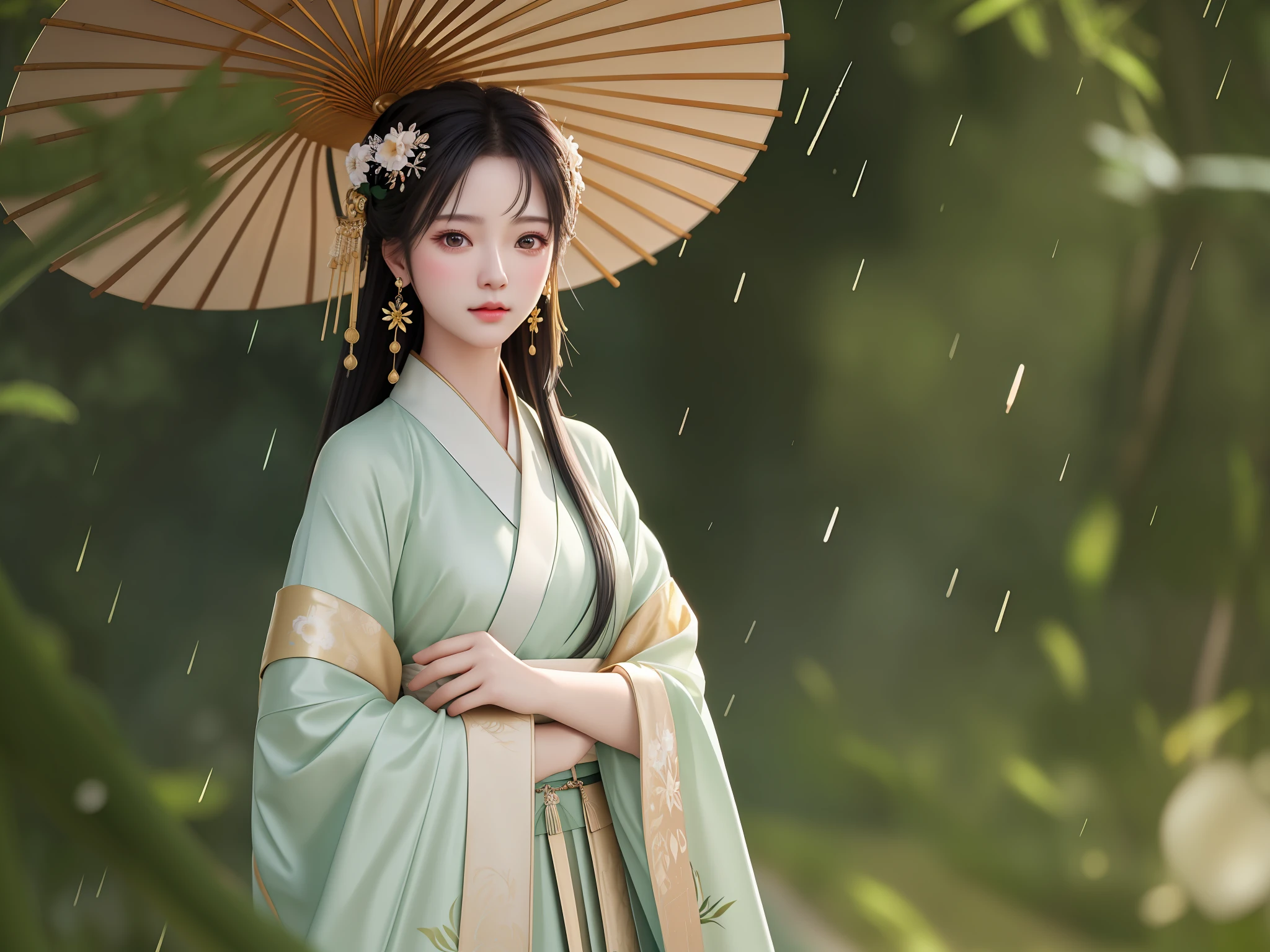 Masterpiece, extremely detailed CG unity 8k wallpaper, 1girl, beautiful, realistic, blurry, blurry_background, blurry_foreground, bamboo forest, depth of field, earrings, jewelry, nose, realistic, solo, hanfu, rain