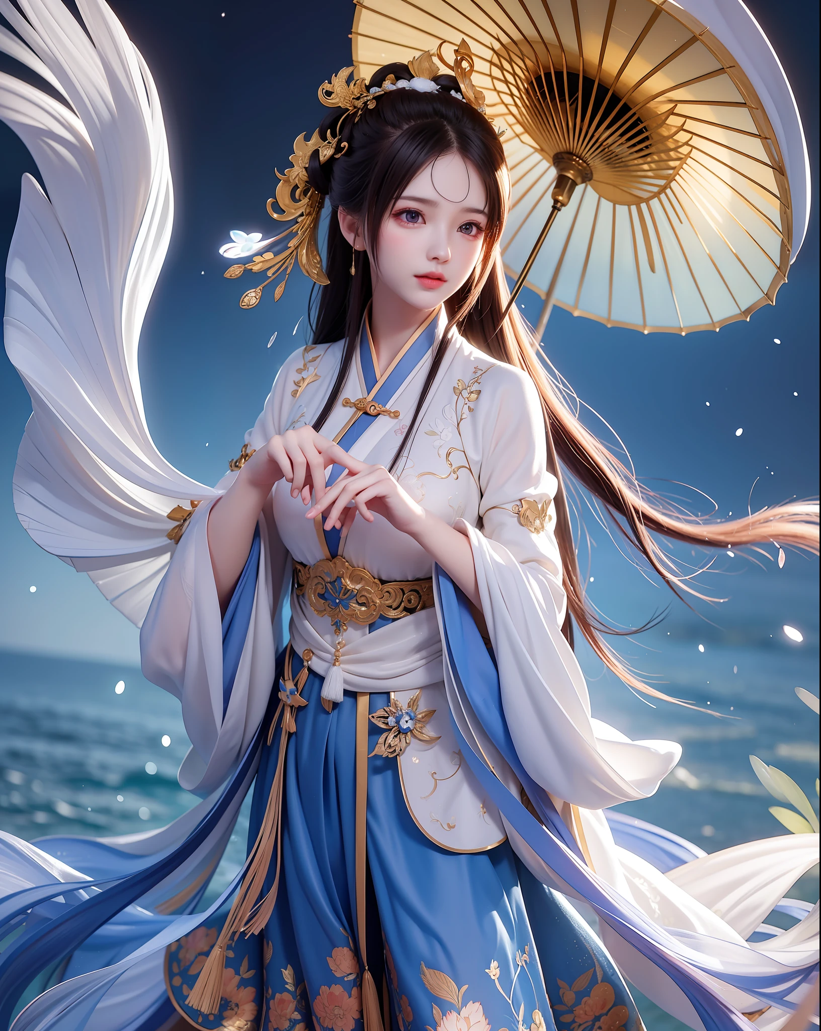 (8k, RAW photo:1.2), best quality, ultra high res,dramatic angle,(fluttered detailed color splashs), (illustration),(((1 girl))),(long hair),(rain:0.9), (头饰:1.4),少女身边有一座古宫,汉服,(重点),彩色水墨画,(泼彩),泼彩,(((colorful))),(素描:0.8) , Masterpiece, best quality, beautiful painted, highly detailed,(denoising:0.6),[splash ink],((ink refraction)), (beautiful detailed sky),moon,highly,detaild,(masterpiece, best quality, extremely detailed） CG unity 8k壁纸，杰作，最好的质量，超详细），（石蒜），