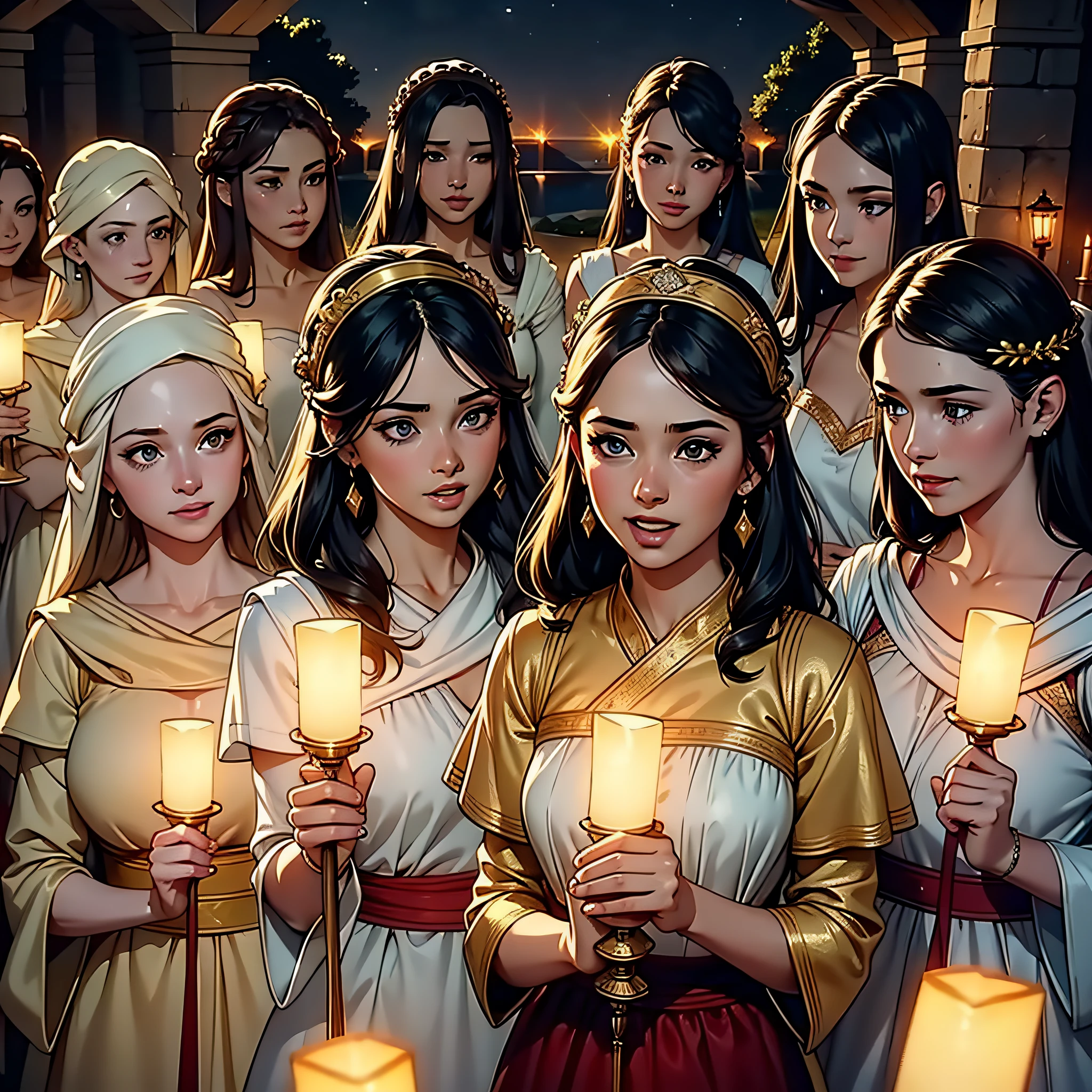 Photo Raw, (masterpiece), (best quality), [(sparkling eyes high details)], (skin high details), [(perfect hands high details)], wedding, 10 young women in tunics carrying lit lamps in hand, they are happy, laughing, epic biblical representation, 8k, UHD, night, cinematic lighting, --s2