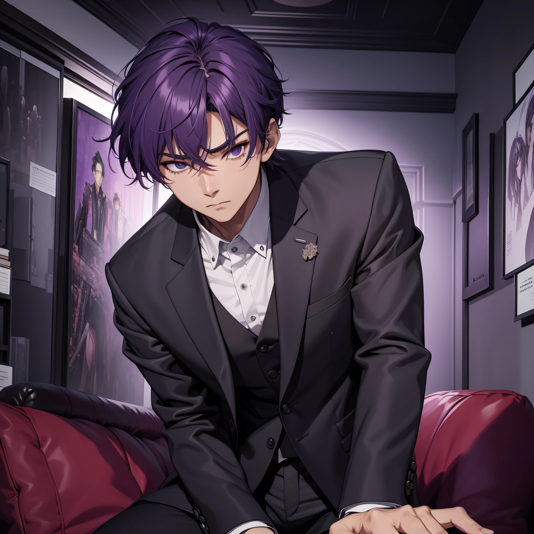 Absurd resolution, high resolution, (masterpiece: 1.4), hyperdetail, Asian, male middle-aged short purple hair, black suit, weird room, sofa, expression nervous and scared trembling (1.3)