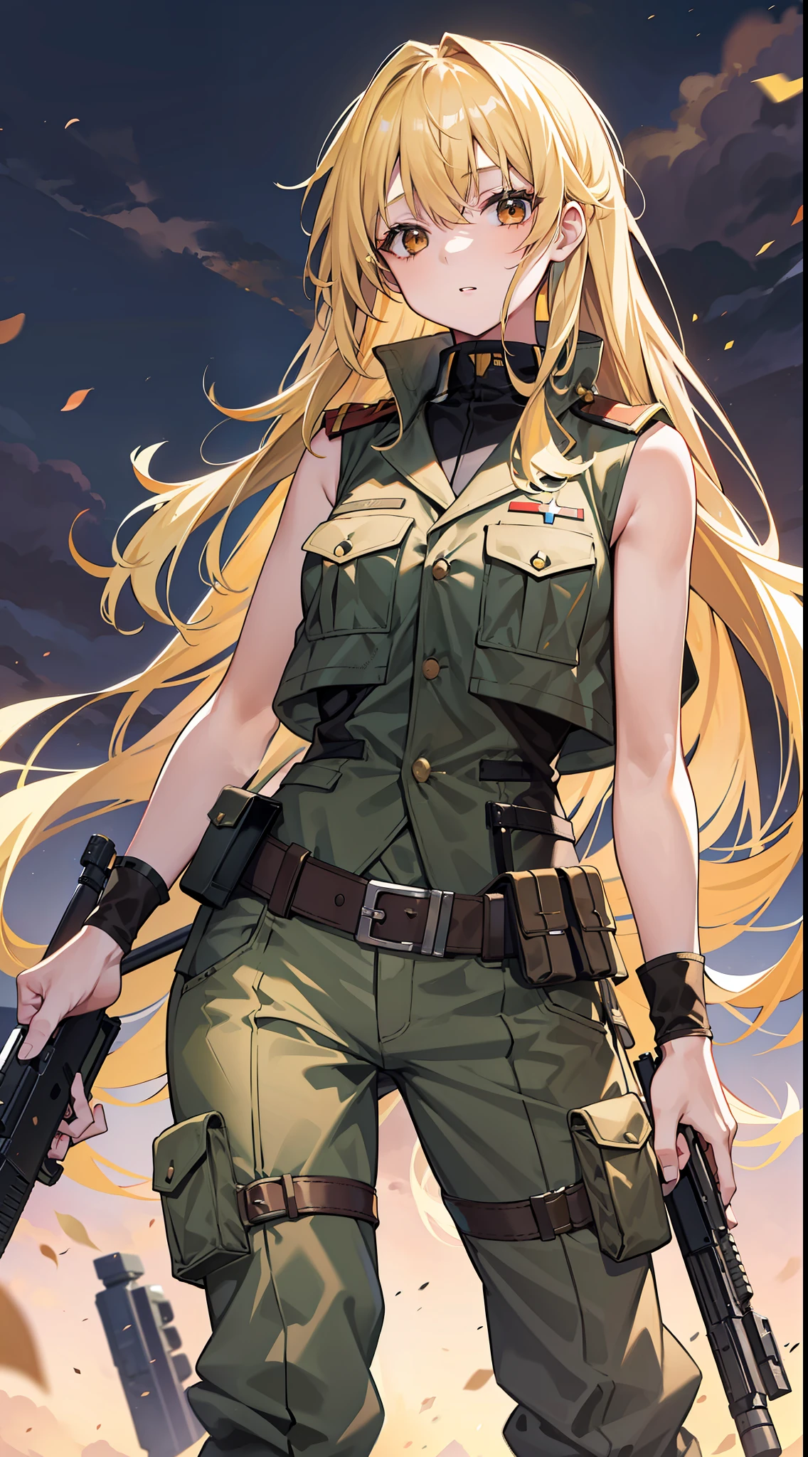Young girl, long lush blonde hair, brown eyes, soldier's uniform, sleeveless, pants, gun, funny look, masterpiece, high quality