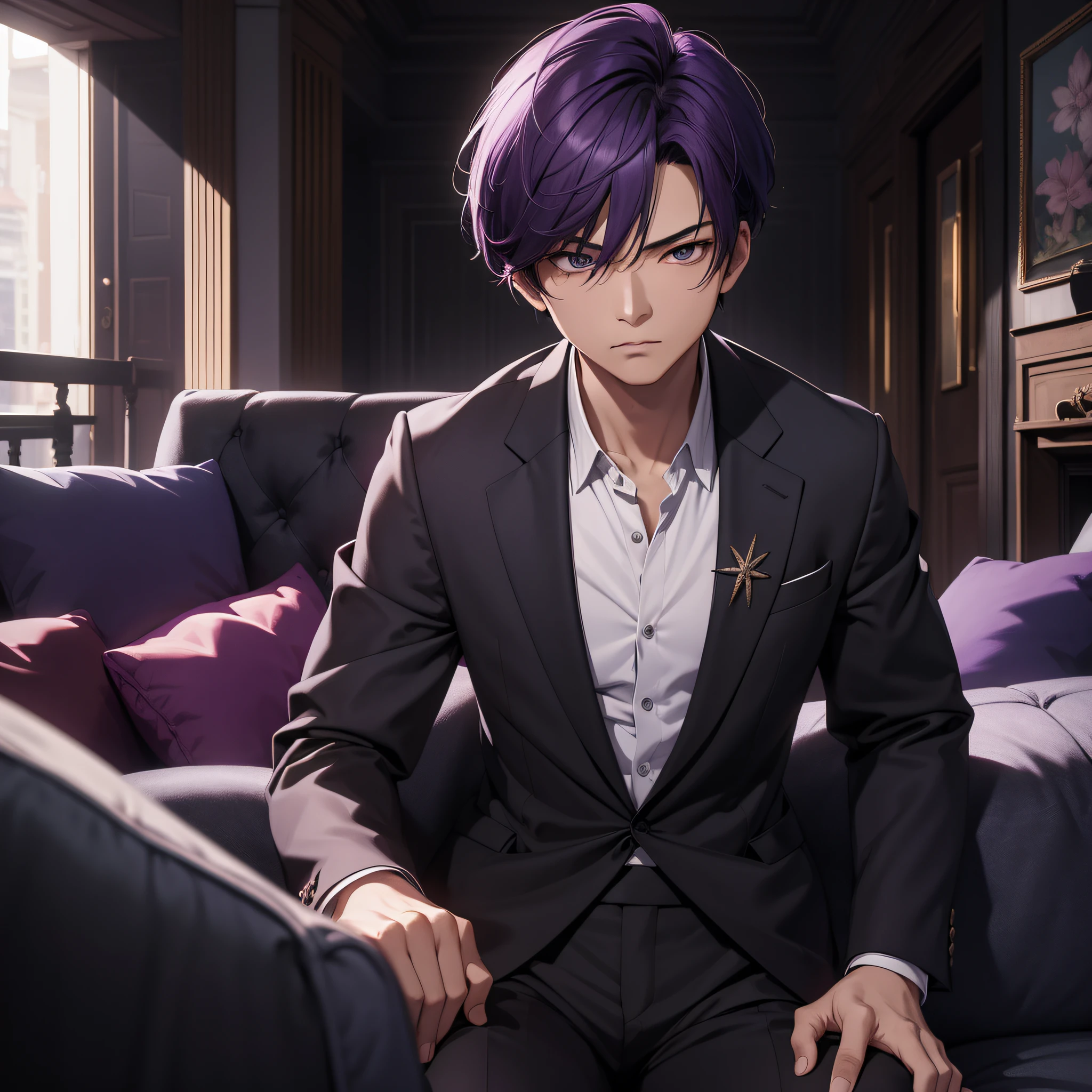 Absurd resolution, high resolution, (masterpiece: 1.4), hyperdetail, Asian, male middle-aged short purple hair, black suit, weird room, sofa, expression nervous and scared trembling (1.3)