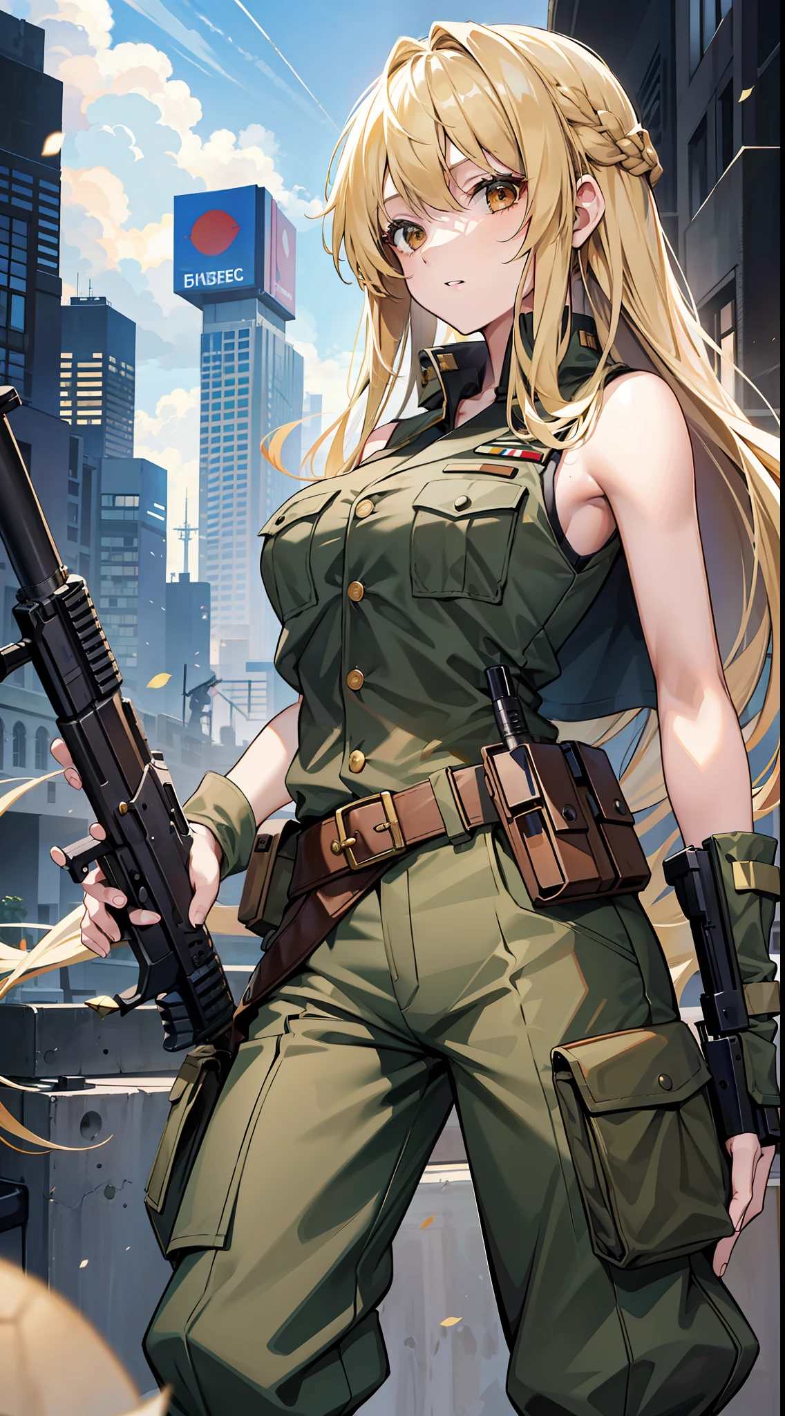 Young girl, long lush blonde hair, brown eyes, soldier's uniform, sleeveless, pants, gun, funny look, masterpiece, high quality