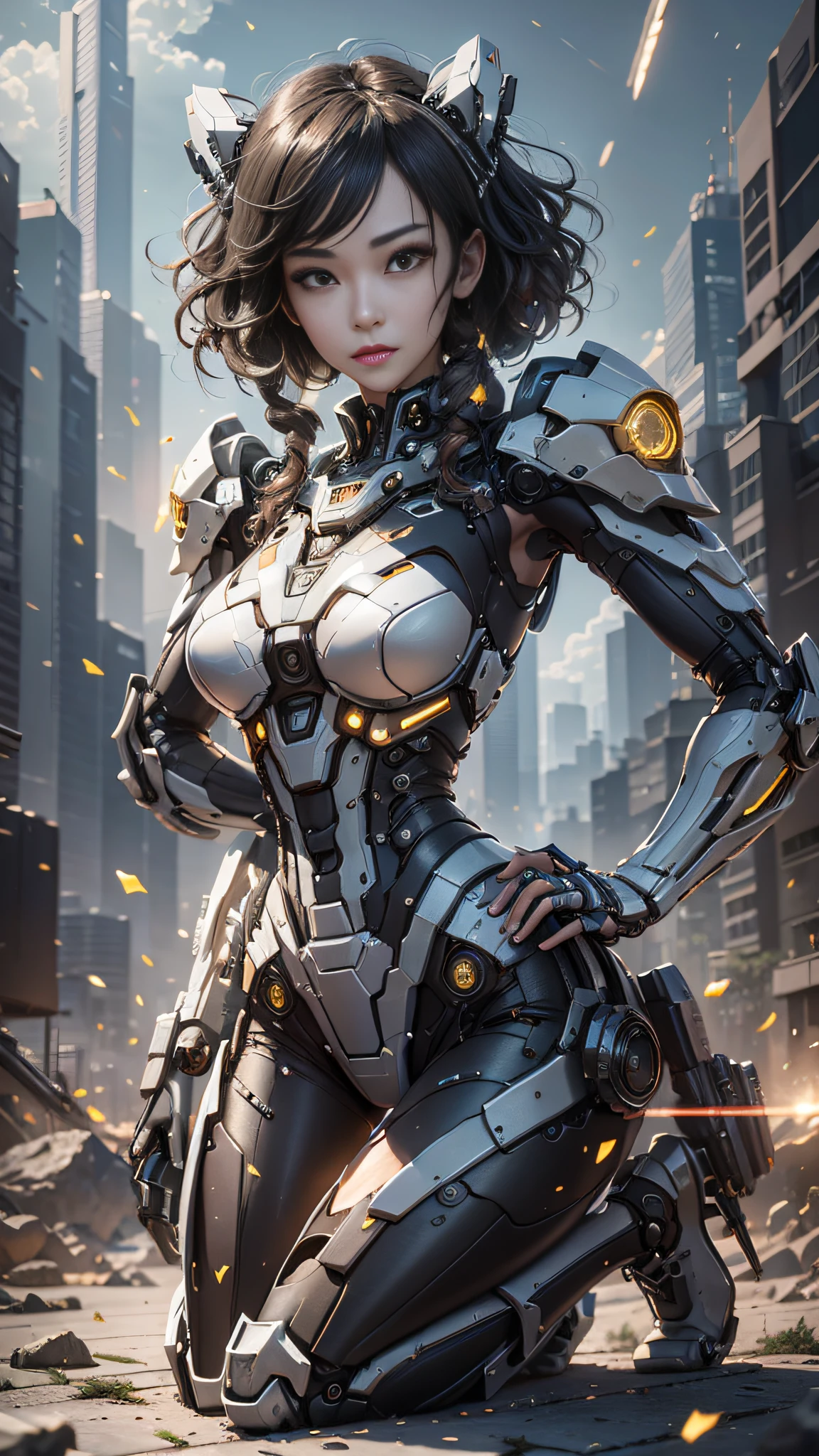 ((Best Quality)), ((Masterpiece)), (Very Detailed: 1.3), 3D, Icaru valkirie-mecha, Beautiful cyberpunk woman using crown, sci-fi technology, HDR (High Dynamic Range), ray tracing, nvidia RTX, super resolution, unreal 5, subsurface scattering, PBR texture, post-processing, anisotropic filtering, depth of field, maximum sharpness and sharpness, multi-layer texture, specular and albedo mapping, surface shading, accurate simulation of light-material interactions, perfect proportions, octane rendering, duotone lighting, low ISO, white balance, rule of thirds, wide aperture, 8K RAW, high efficiency subpixels, subpixel convolution, light particles, light scattering, Tyndall effect, very sexy, full body, battle pose, black hair with braids,