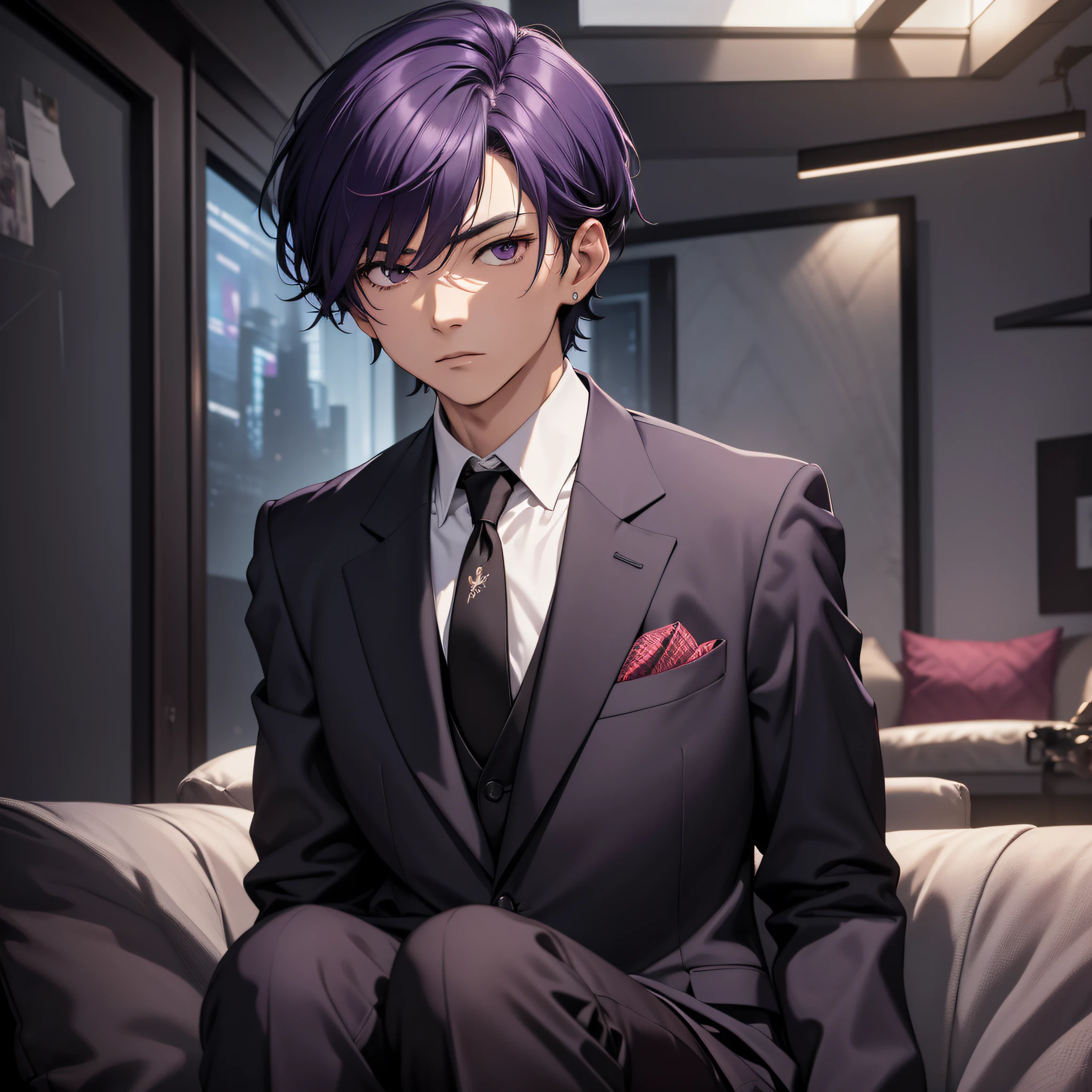 Absurd resolution, high resolution, (masterpiece: 1.4), hyperdetail, Asian, male middle-aged short purple hair, black suit, weird room, sofa, expression nervous and scared trembling (1.3)