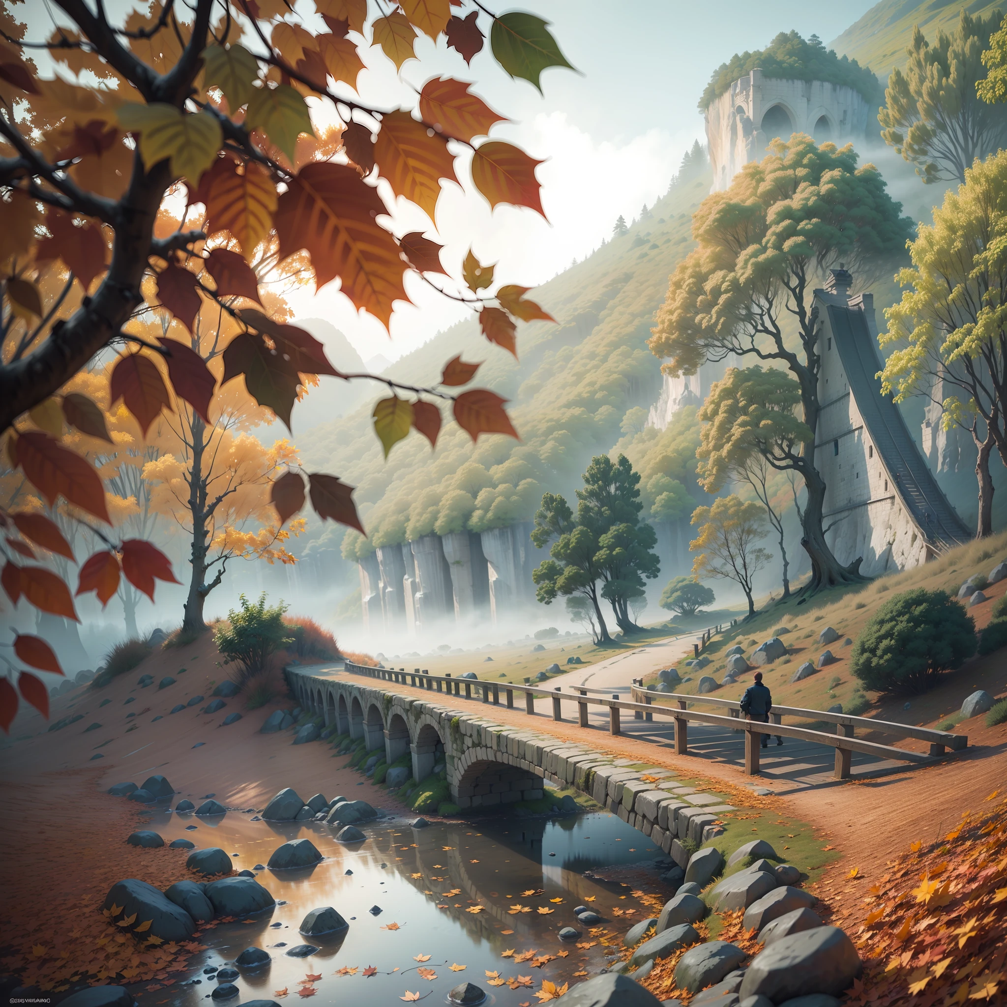 Computer, realistic fantasy, Extensive landscape ultra photography (general view, stone pavement, sky, falling leaves, whirlwind of many leaves, deciduous hurricane, cycle of leaf searches, dynamic movement, small whirlwind on the bridge, leaves rise up, man from leaves, leaves swirl), fog, dawn, blurred background, gloomy, magic, wind from falling leaves, ivy), rocks, fog, dawn, blurred background, gloomy, magic --auto --s2