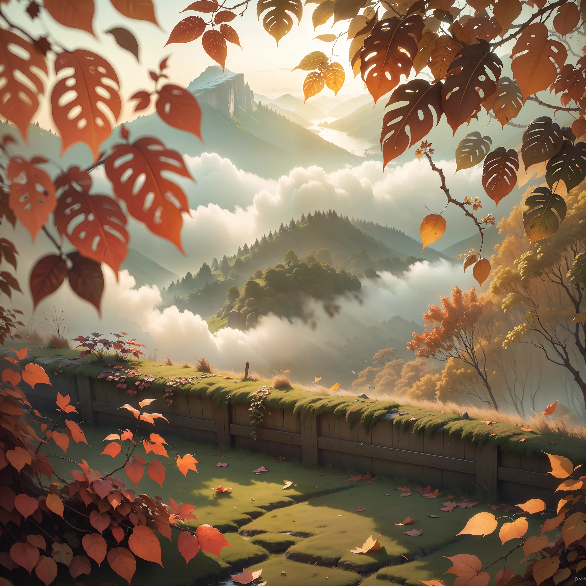 Computer, realistic fantasy, Extensive landscape ultra photography (general view, stone pavement, sky, falling leaves, whirlwind of many leaves, deciduous hurricane, cycle of leaf searches, dynamic movement, small whirlwind on the bridge, leaves rise up, man from leaves, leaves swirl), fog, dawn, blurred background, gloomy, magic, wind from falling leaves, ivy), rocks, fog, dawn, blurred background, gloomy, magic --auto --s2