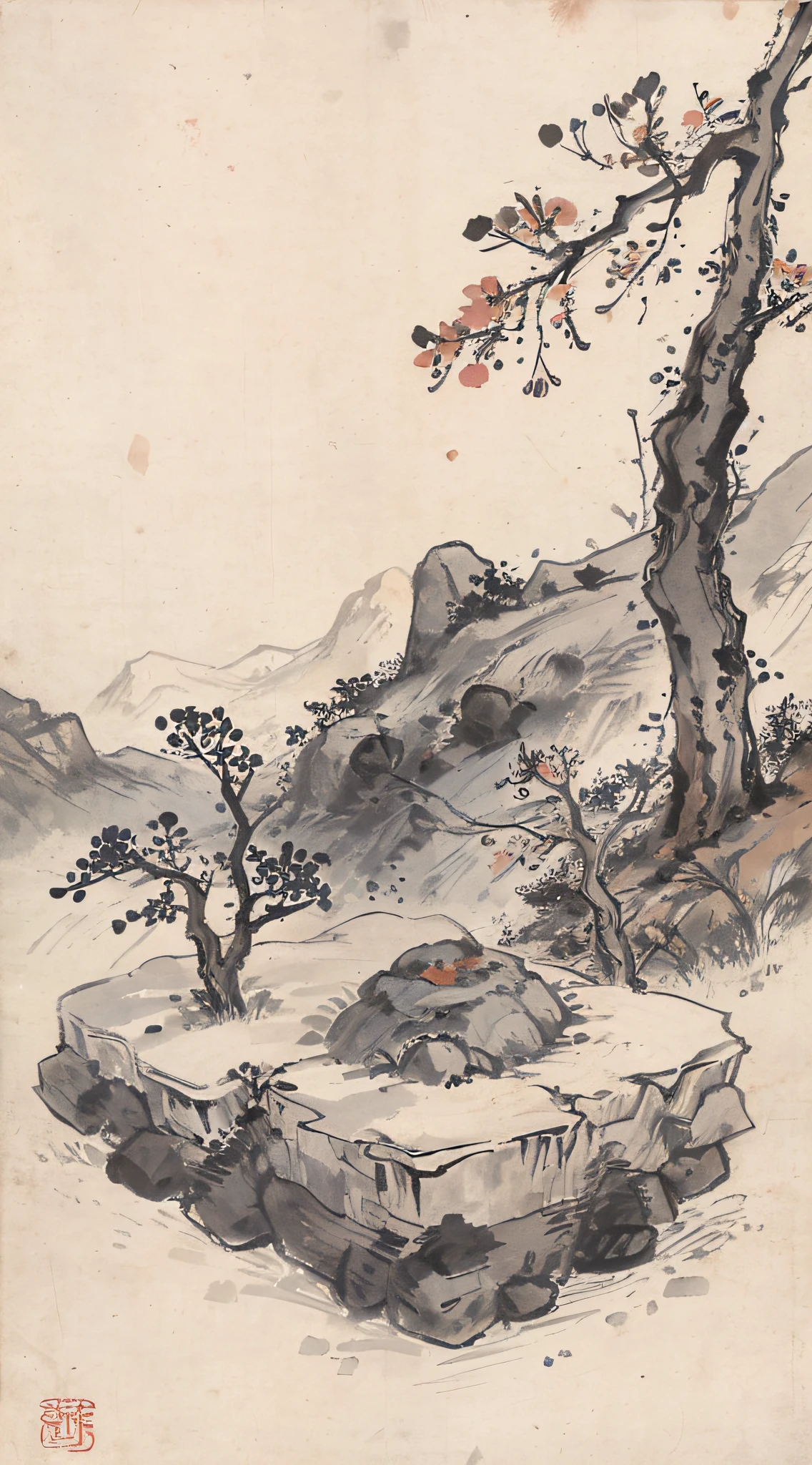 (Masterpiece, best quality: 1.2), traditional Chinese ink painting, high mountains, small hillsides, rocks, trees, no humans