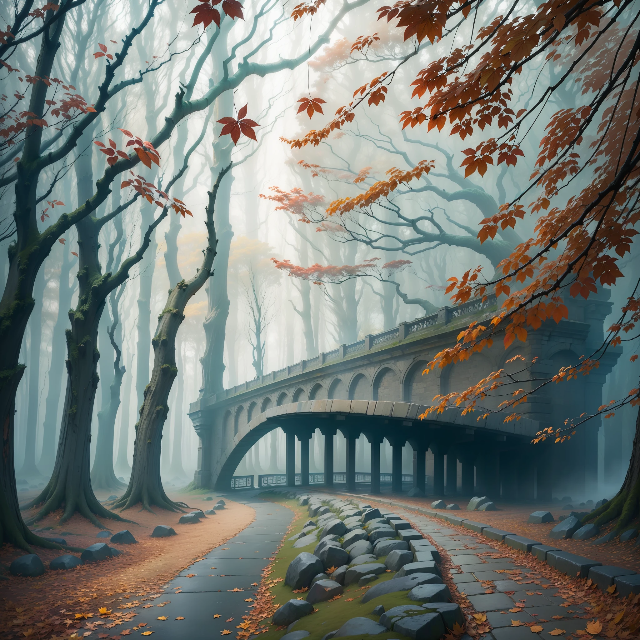 Computer, realistic fantasy, Extensive landscape ultra photography (general view, stone pavement, sky, falling leaves, whirlwind of many leaves, deciduous hurricane, cycle of leaf searches, dynamic movement, small whirlwind on the bridge, leaves rise up, man from leaves, leaves swirl), fog, dawn, blurred background, gloomy, magic, wind from falling leaves, ivy), rocks, fog, dawn, blurred background, gloomy, magic --auto --s2