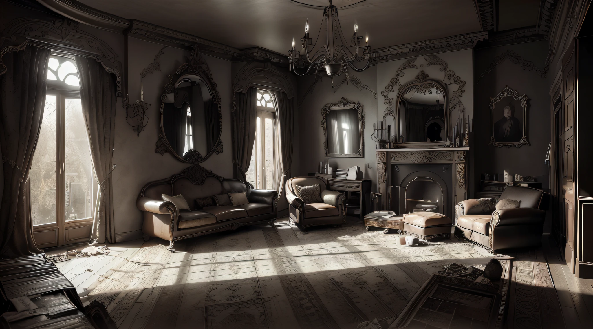 (interior design) (masterpiece) (ultra realistic) (raw) (picture of the whole room) (messy) (gothic couch, rocking chair, window) (old house, ripped wallpaper) (wide lens) (an old gothic scarry horror room) (blood on the wall) (dark) (candles) (candle lit) (paranormal feelings) (anamorphic lens) (night time) (haunted) (dirty) (god rays)