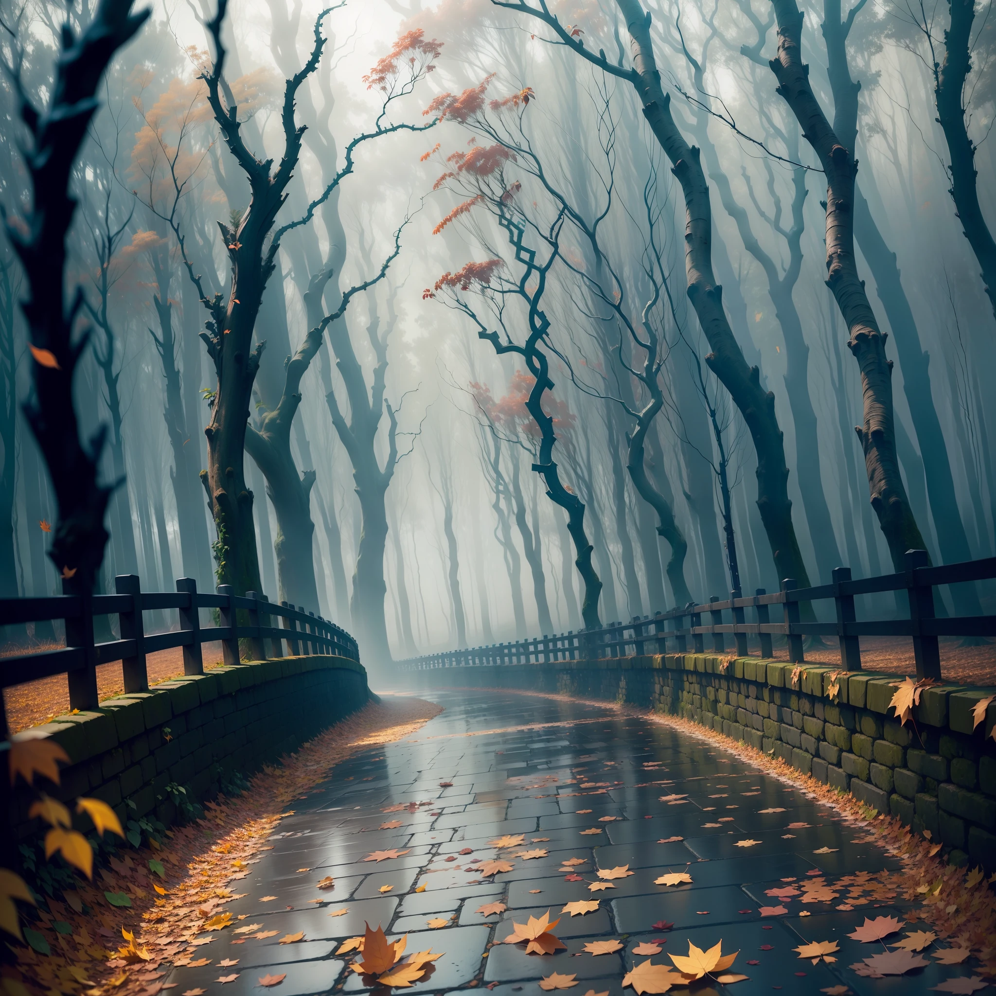 Computer, realistic fantasy, Extensive landscape ultra photography (general view, stone pavement, sky, falling leaves, whirlwind of many leaves, deciduous hurricane, cycle of leaf searches, dynamic movement, small whirlwind on the bridge, leaves rise up, man from leaves, leaves swirl), fog, dawn, blurred background, gloomy, magic, wind from falling leaves, ivy), rocks, fog, dawn, blurred background, gloomy, magic --auto --s2