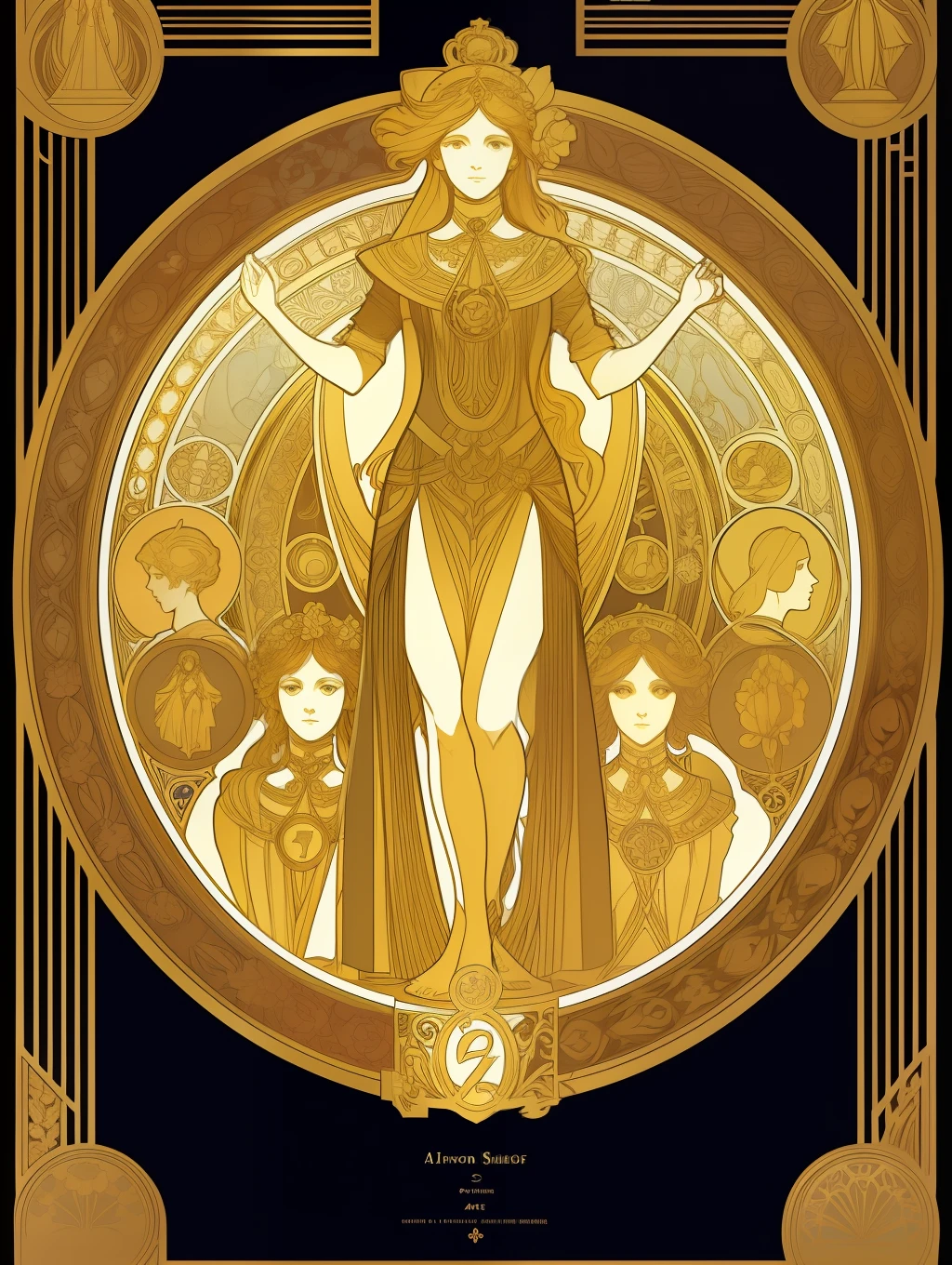 Symmetry Full-Layout Complete Composition and Complete Closed Alfons-Mucha-Style Rectangle Decorative Surround Full-Layout Whole Edge and absolutely five fullbody female stand together in A frame Golden details, floral