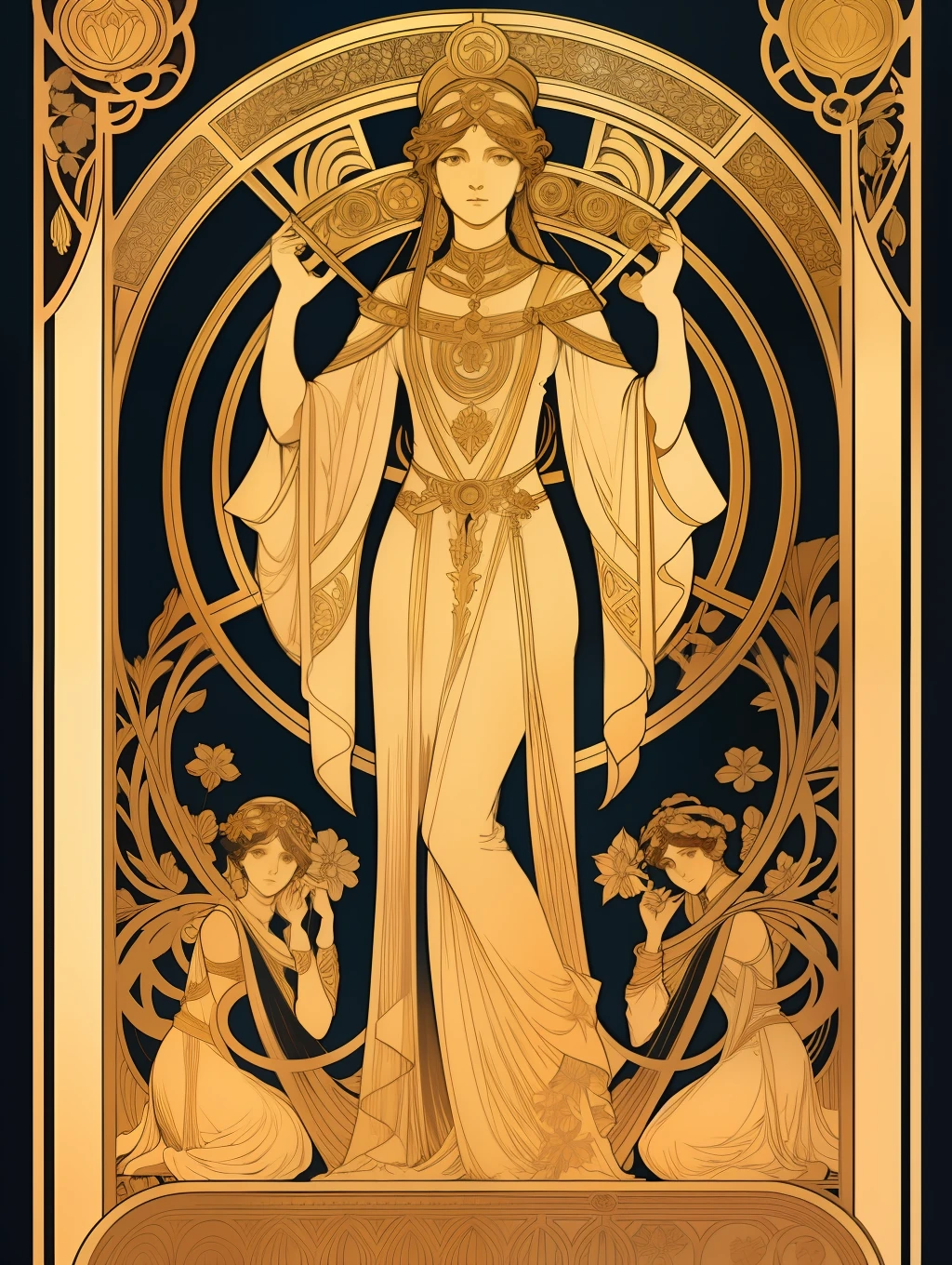 Symmetry Full-Layout Complete Composition and Complete Closed Alfons-Mucha-Style Rectangle Decorative Surround Full-Layout Whole Edge and absolutely five fullbody female stand together in A frame Golden details, floral