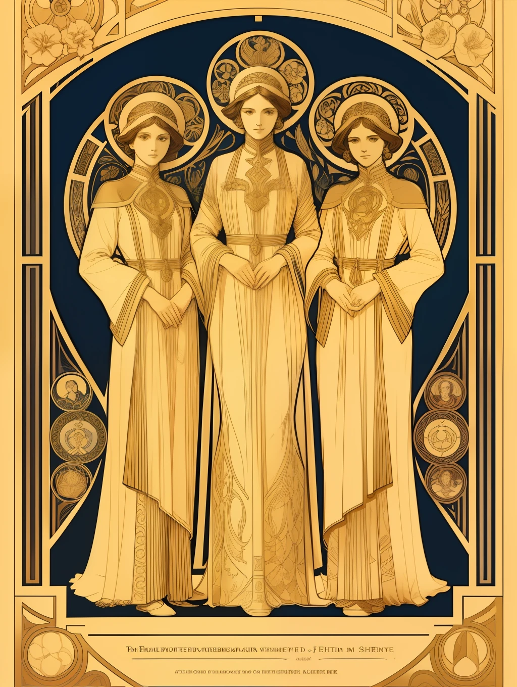 Symmetry Full-Layout Complete Composition and Complete Closed Alfons-Mucha-Style Rectangle Decorative Surround Full-Layout Whole Edge and absolutely five fullbody female stand together in A frame Golden details, floral