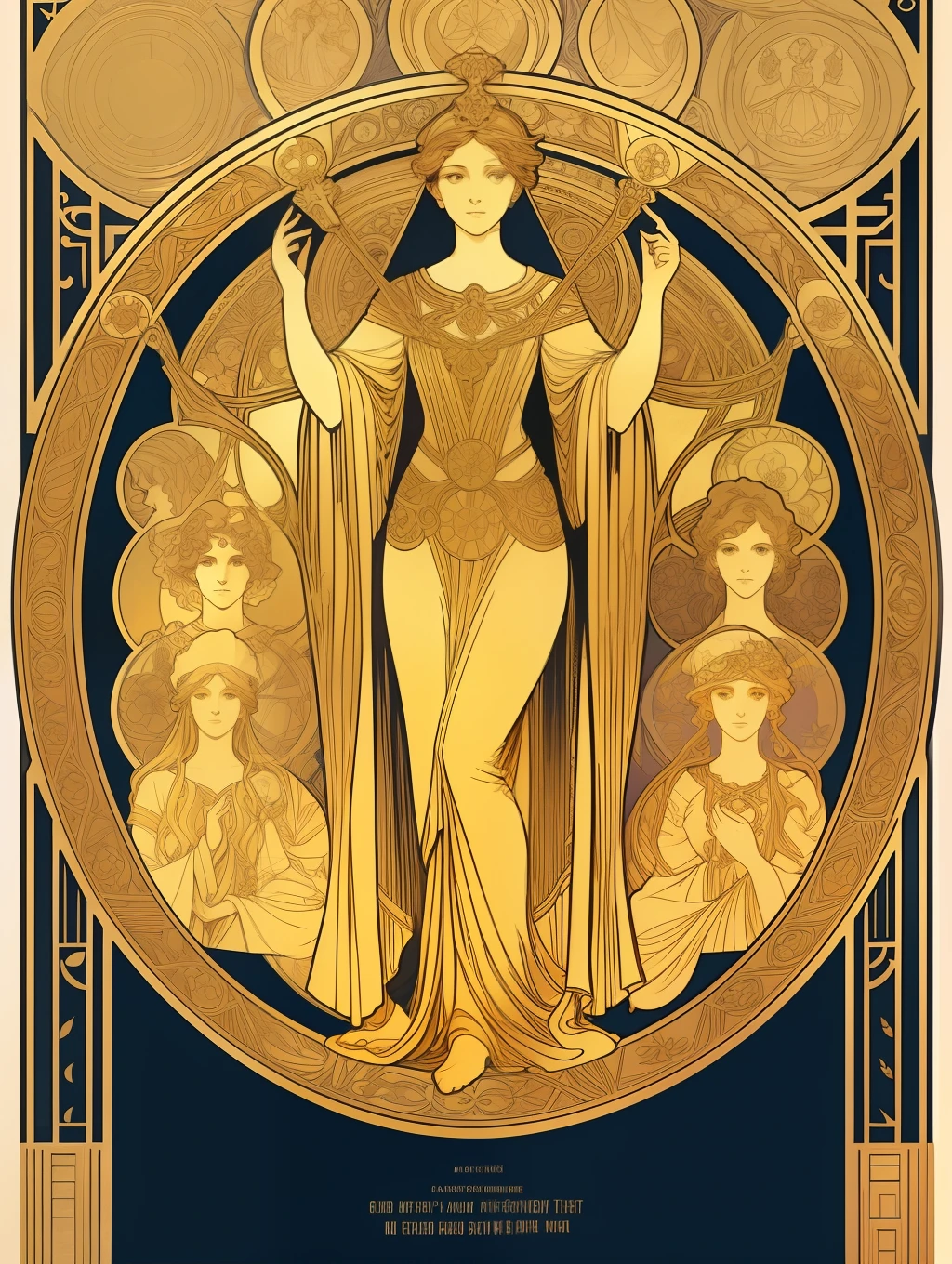 Symmetry Full-Layout Complete Composition and Complete Closed Alfons-Mucha-Style Rectangle Decorative Surround Full-Layout Whole Edge and absolutely five fullbody female stand together in A frame Golden details, floral