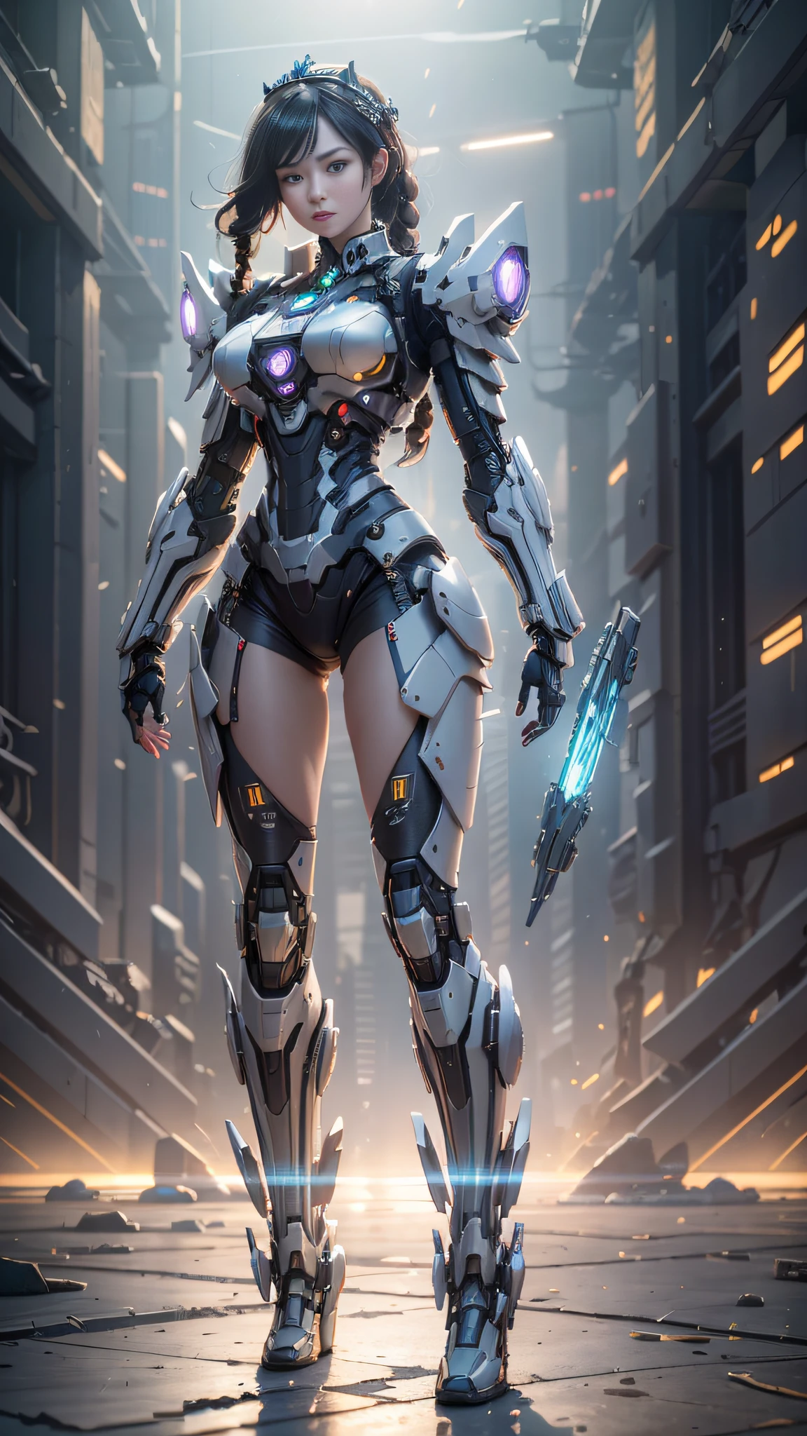 ((Best Quality)), ((Masterpiece)), (Very Detailed: 1.3), 3D, Icaru valkirie-mecha, Beautiful cyberpunk woman using crown, sci-fi technology, HDR (High Dynamic Range), ray tracing, nvidia RTX, super resolution, unreal 5, subsurface scattering, PBR texture, post-processing, anisotropic filtering, depth of field, maximum sharpness and sharpness, multi-layer texture, specular and albedo mapping, surface shading, accurate simulation of light-material interactions,  perfect proportions, octane rendering, duotone lighting, low ISO, white balance, rule of thirds, wide aperture, 8K RAW, high efficiency subpixels, subpixel convolution, light particles, light scattering, Tyndall effect, very sexy, full body, battle pose, black hair with braids,