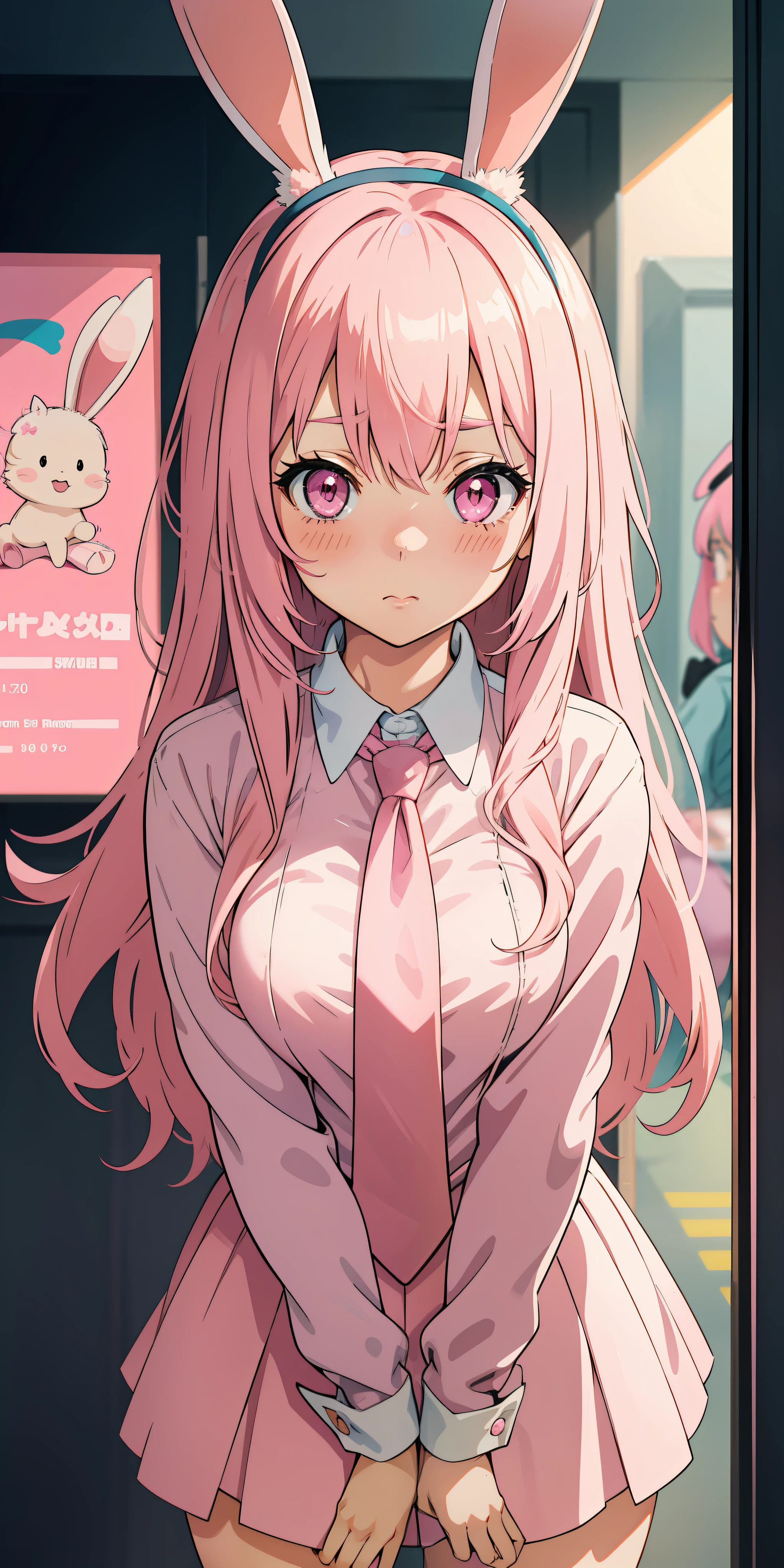 Anime girl with pink hair and bunny ears in pink tie, pink eyes, shy blush