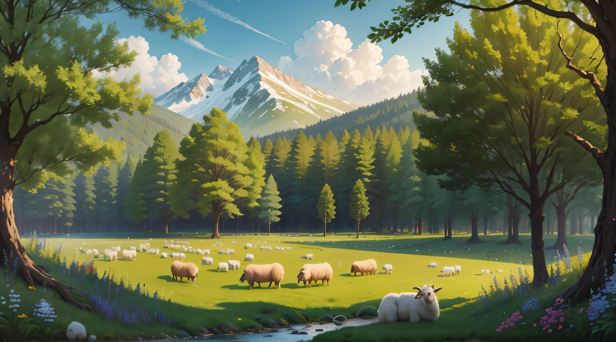 Draw a quiet and serene scene where a sheep is lying in a verdant field. The sheep is surrounded by soft, colorful grass, conveying a sense of comfort and tranquility. The sheep is lying on its side, with its eyes closed and an expression serene, as if it were enjoying a well-deserved rest.
Around the sheep, nature is portrayed in fullness, with colorful wildflowers and leafy trees. The sun shines softly in the sky, creating a soft, warm light that surrounds the scene.
In the distance, it is possible to see other sheep grazing peacefully, conveying a sense of harmony and community. The peace and tranquility are palpable, and the resting sheep is the focal point of the image, conveying the feeling of relief and relaxation.
The color palette is soft and natural, with soft shades of green, brown and blue, creating a pleasant and welcoming atmosphere. --auto --s2