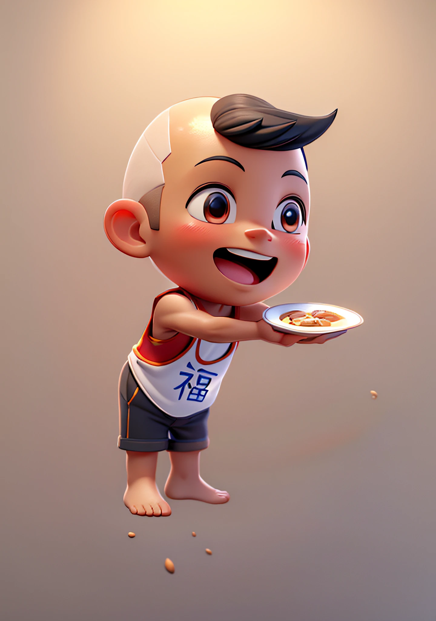 (Masterpiece: 1.3), (Best Quality: 1.3), (Masterpiece: 1.3), (Best Quality: 1.3), (8k wallpaper), (Ultra High Resolution), Full Body, (Bicephal: 2), (Natural Skin Texture), (Beautiful and Beautiful), (Very Detailed CG, Intricate Details), White Background, (White Background: 1.5), .pixar, 3D, C4D, blender, 1 Boy, Cty, Happy Face, Bald Head, Black Hair, Solo, ( Chinese style: 1.5), a red belly pocket, sleeveless, no underwear, red shorts, barefoot.