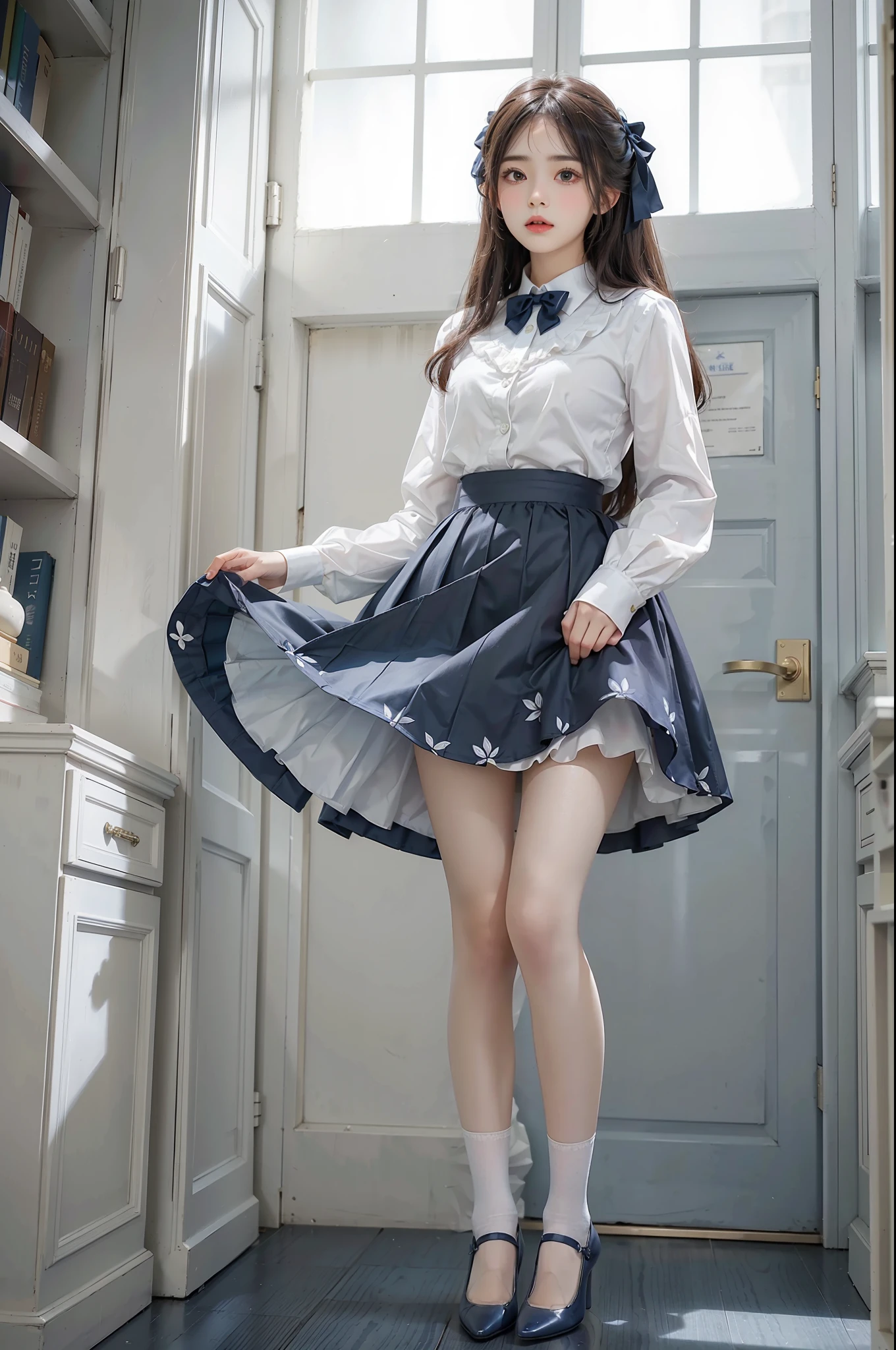 Woman standing alone in library, white light background wearing white floral blouse, dark blue bow tie, dark blue skirt with ruffles, white silk socks, wearing pumps