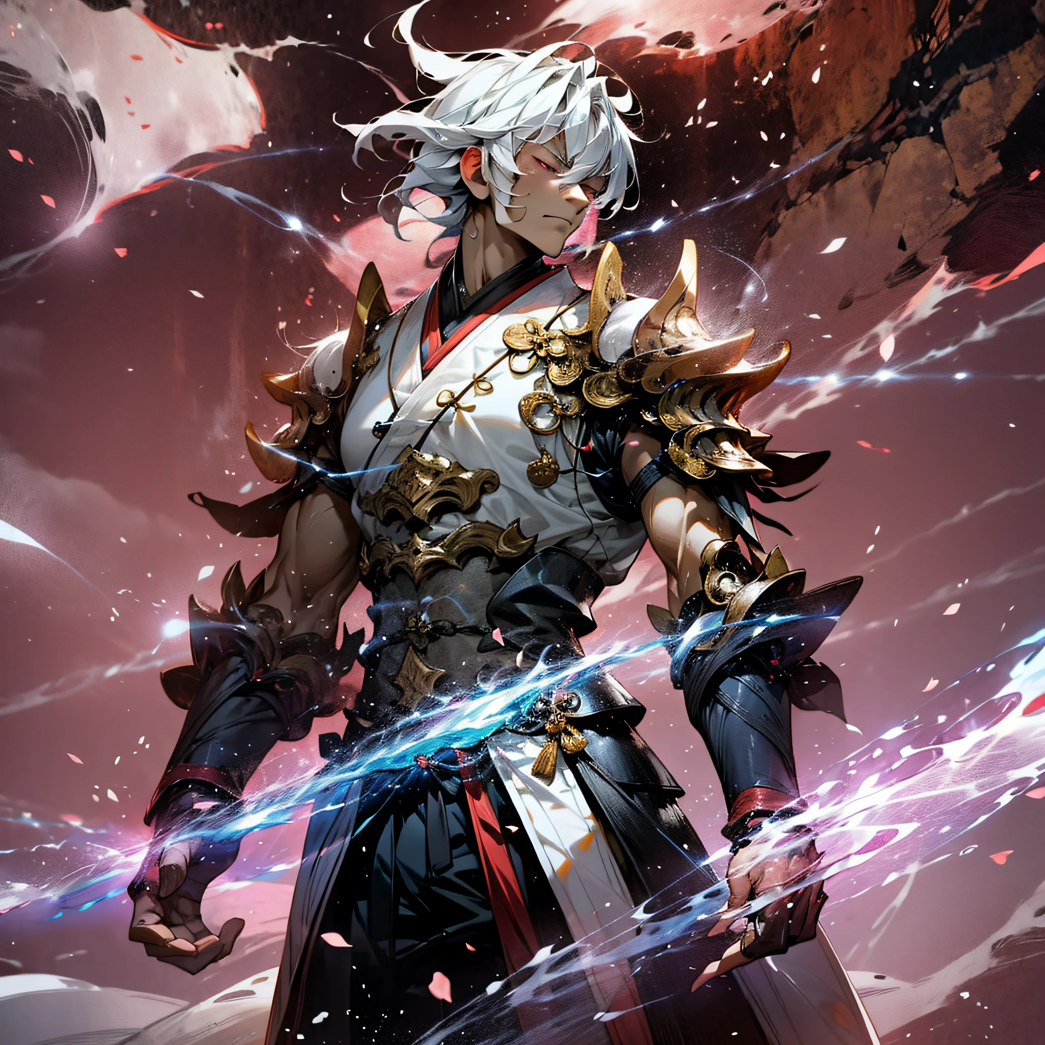 Nichimanga style, Zen ZEN, 1 man, delicate face, wearing armor, surrounded by Chinese characters, with lightning bolts on his body, a divine dragon behind his back, perfect hands, normal fingers, zen