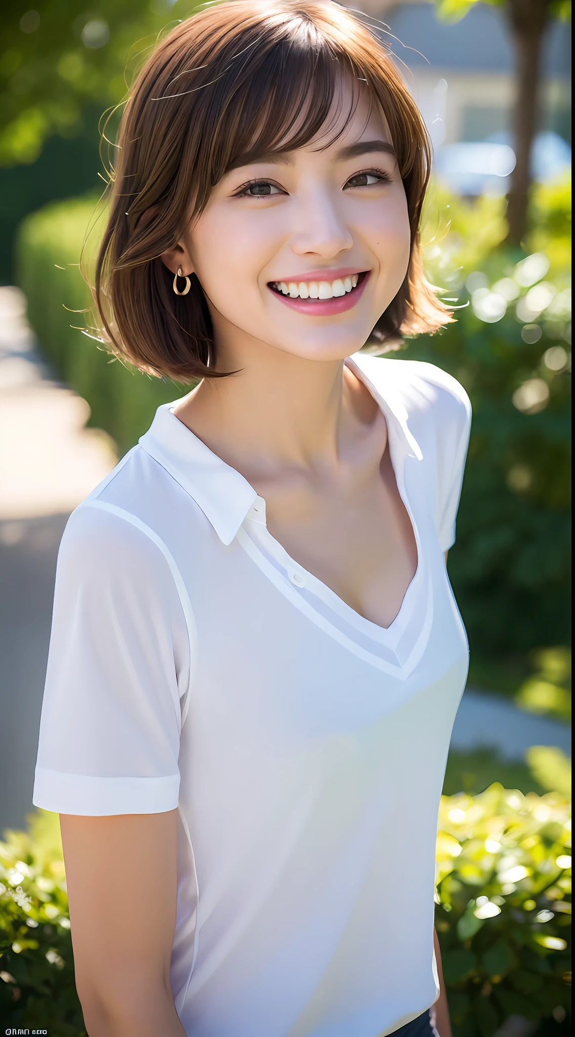 (8k, RAW Photos, Best Quality, High Resolution: 1.1), (Ultra Realistic: 1.4), (Realistic, Photorealistic: 1.3), Soft Light, Big, Girl, Realistic Face, Realistic Body, Realistic Skin, Absurdity, Masterpiece, (Cute: 1.8), Cuties, Solo, (Big: 1.2), Detailed Black Eyes, Innocent Eyes, Cheek, (T-Shirt: 1.2), Cinema Light, Film grain, jewelry, white polo shirt, earrings, ((short bob hair: 1.1)), (floating hair novafrog style)), cherry colored lips, hair ribbon, hair ribbon, close-up, look viewer, upper body, open lips, upper teeth, (smiling eyes: 0.6), (grin: 1.2)), depth of field, blurred background, eye focus, bokeh, young, 85mm lens, f/1.4, professional lighting, young, portrait, photon mapping, radiosity, physically based rendering, no bra