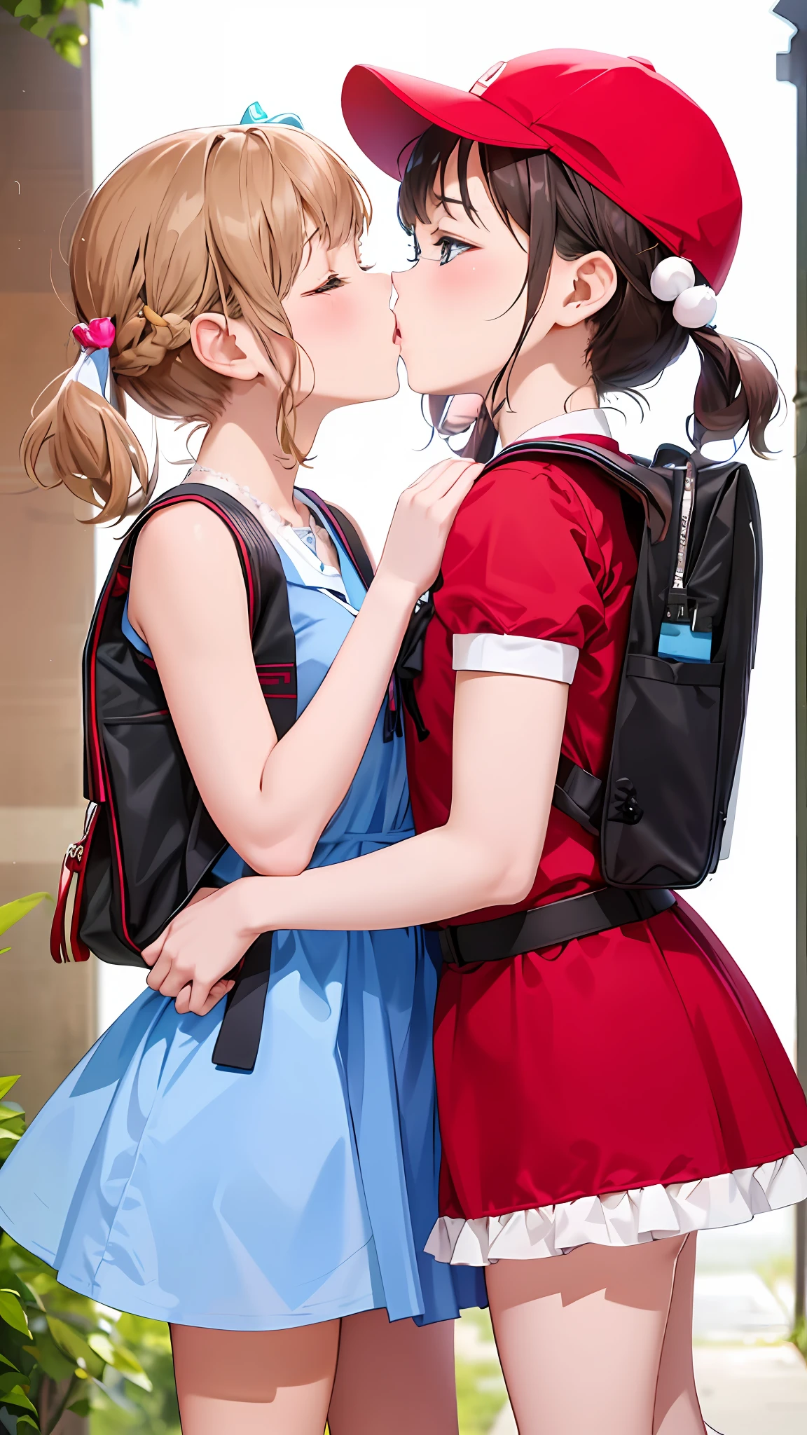 two young women in school uniforms kissing each other, kissing together cutely, two beautiful anime girls, lovely kiss, ddlc, nixeu and sakimichan, lesbian kiss, kissing together, kissing each other, twintails, portrait of two girls kissing, sakimichan, ecchi style, anime girls, kiss mouth to mouth, trending at cgstation