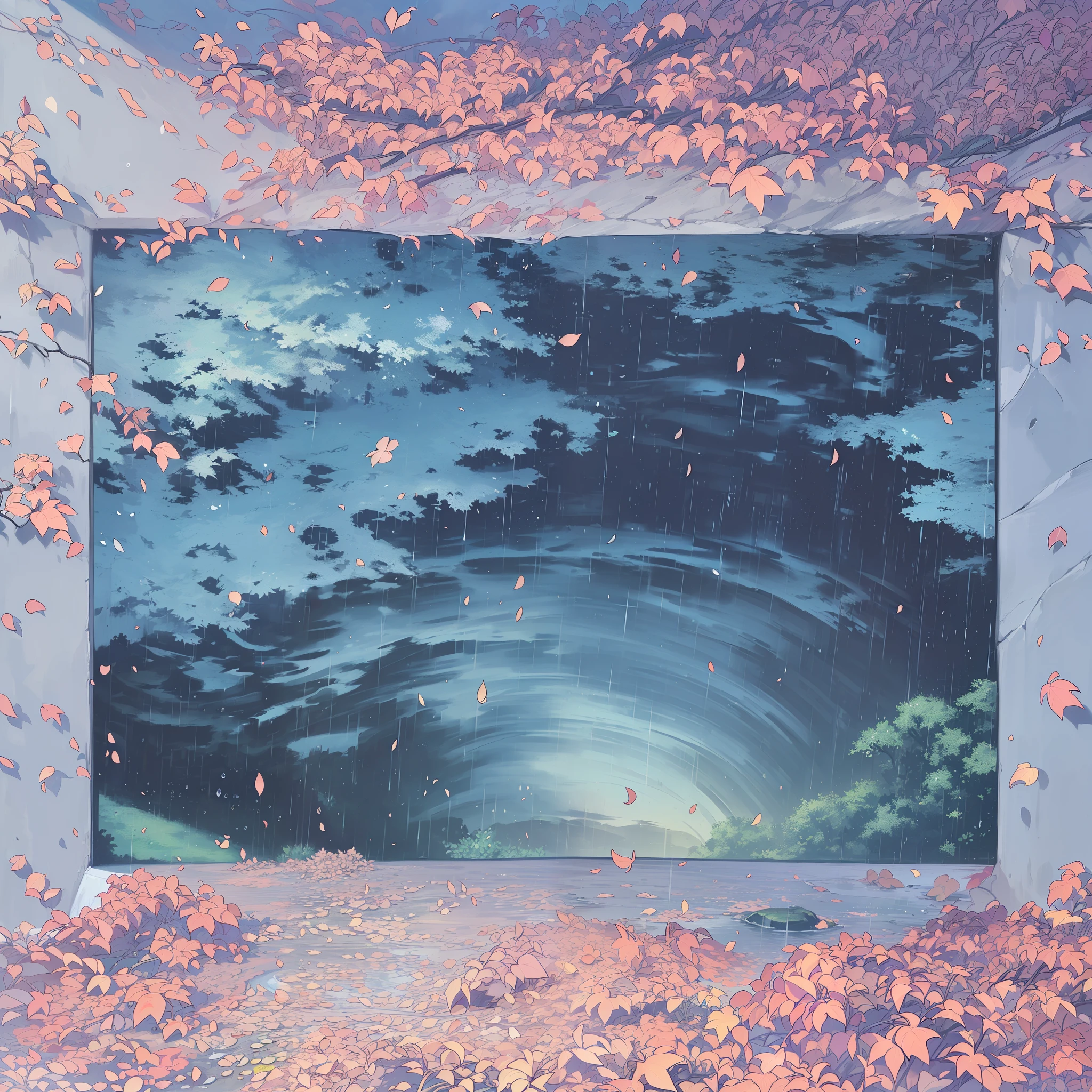 Computer-based, realistic fantasy, Extensive landscape ultra-photography (general view showing the sky, leaves circling in the sky in a huge whirlwind, leaves rising from the stone pavement, raindrops, ivy-braided wall, petals, wind, falling leaves, aeter lifting leaves, ), fog, dawn, blurred background, gloomy, magic --auto --s2