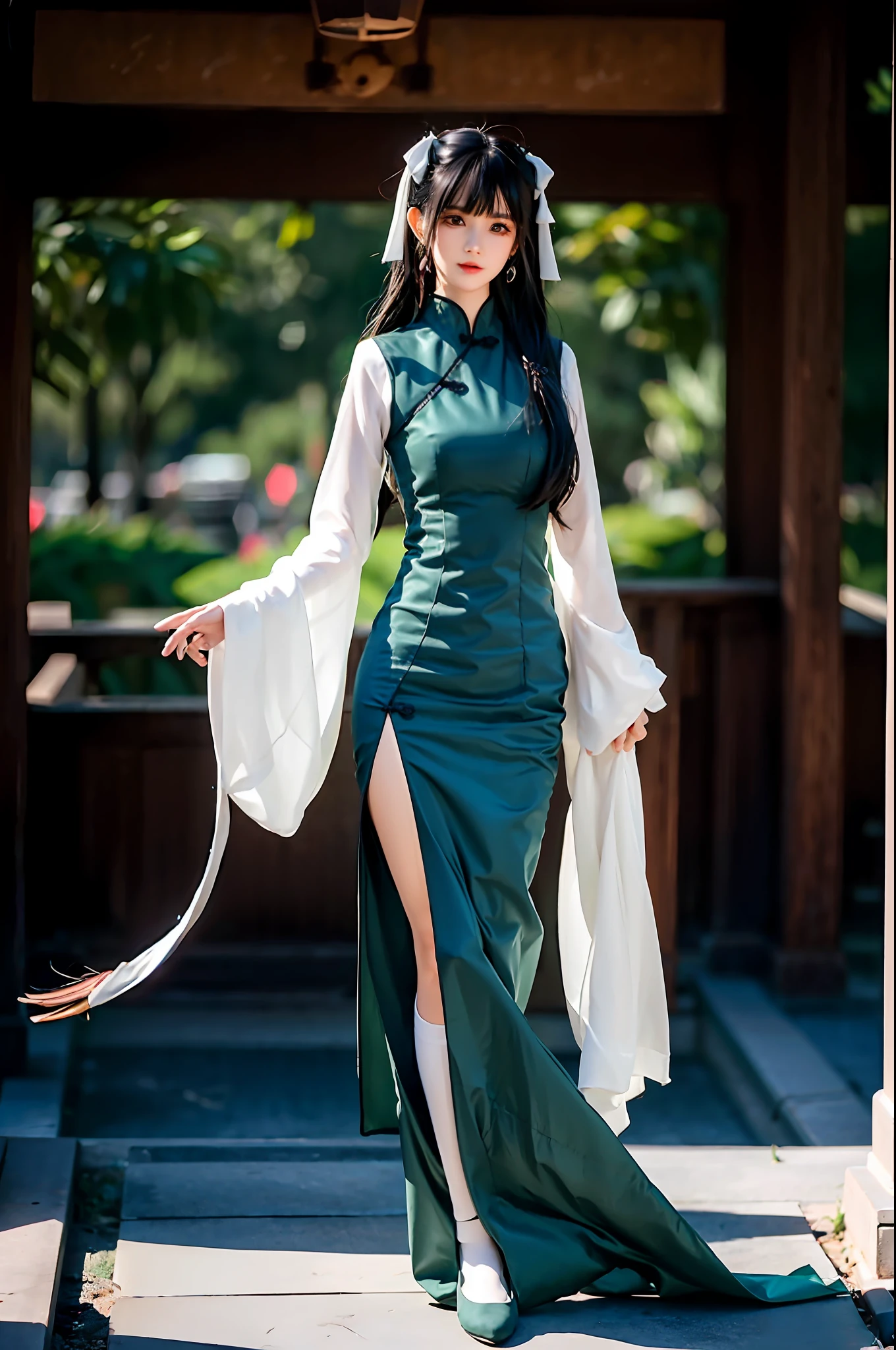 There is a girl in a green dress, plum blossoms, palaces, oriental architecture ray tracing, {best quality}, {{masterpiece}}, extremely detailed 8K wallpaper, {an extremely delicate and beautiful}, colorful, intricately detailed, Realistic, real, camera quality, (detailed depiction of clothes), cool white skin, (detailed depiction of blush), 1080p, sun, soft cuteness, smooth light silver hair, messy beauty, lighting, broken feeling, bright and silky skin , 3D stereoscopic, masterpiece, best quality, super fine illustration, beautiful eyes, very fine light, fine glow, very fine 8K CG wallpaper, peach eyes, red pupils, an extremely delicate and beautiful girl, 8k Wallpaper, best quality, full body close-up, white long dress, luxurious silky bright red chiffon floodlight (magic, glitter, ultra-thin, soft,) Hanfu