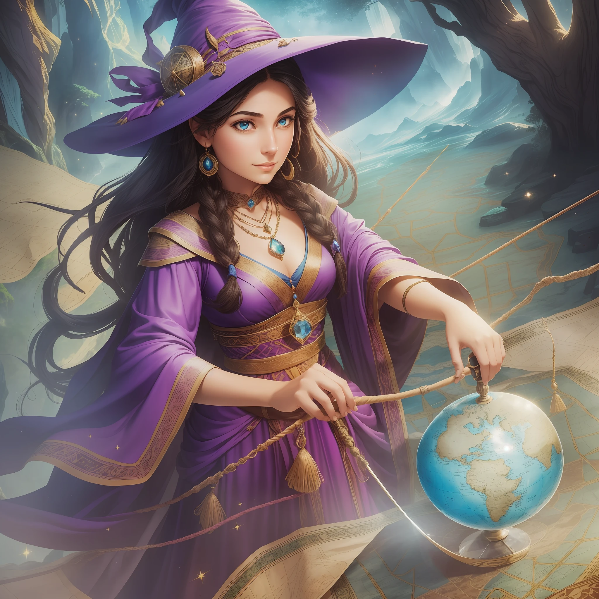 In a magical and ancient world, there is a witch named Melina who rides a map flying carpet made of magic and travels around the continent.
Melina is a young and energetic witch dressed in a bright purple robe and her long hair twinkles like stars in the night. Her eyes sparkle with spirit, revealing her wisdom and adventurous spirit. She holds a wand tied to colored silk thread, and at the tip of the wand is a crystal ball shining like a jewel.
Melina's map flying carpet was crafted by magicians. This map flying carpet looks like an ordinary map pattern, but when Melina rides on it, it will fly up, taking her to the sky and quickly cross the continent. The tracks and markers on the map automatically change according to Melina's wishes, guiding her to her destination.
Melina is a wise and skilled witch who wields all kinds of magic and knowledge. She uses the map flying carpet to explore uncharted territory, in search of mysterious and precious treasures. She harnesses the flying carpet through forests, mountains and rivers, turning uncharted territory into her own stage.
Melina is also a discerning traveler, using the map flying carpet to help people solve problems and find answers. She can predict future events by looking at clues and markers on maps, guiding people forward. Her intelligence and adventurous spirit inspire people, blazing new trails and exploring the unknown --auto --s2