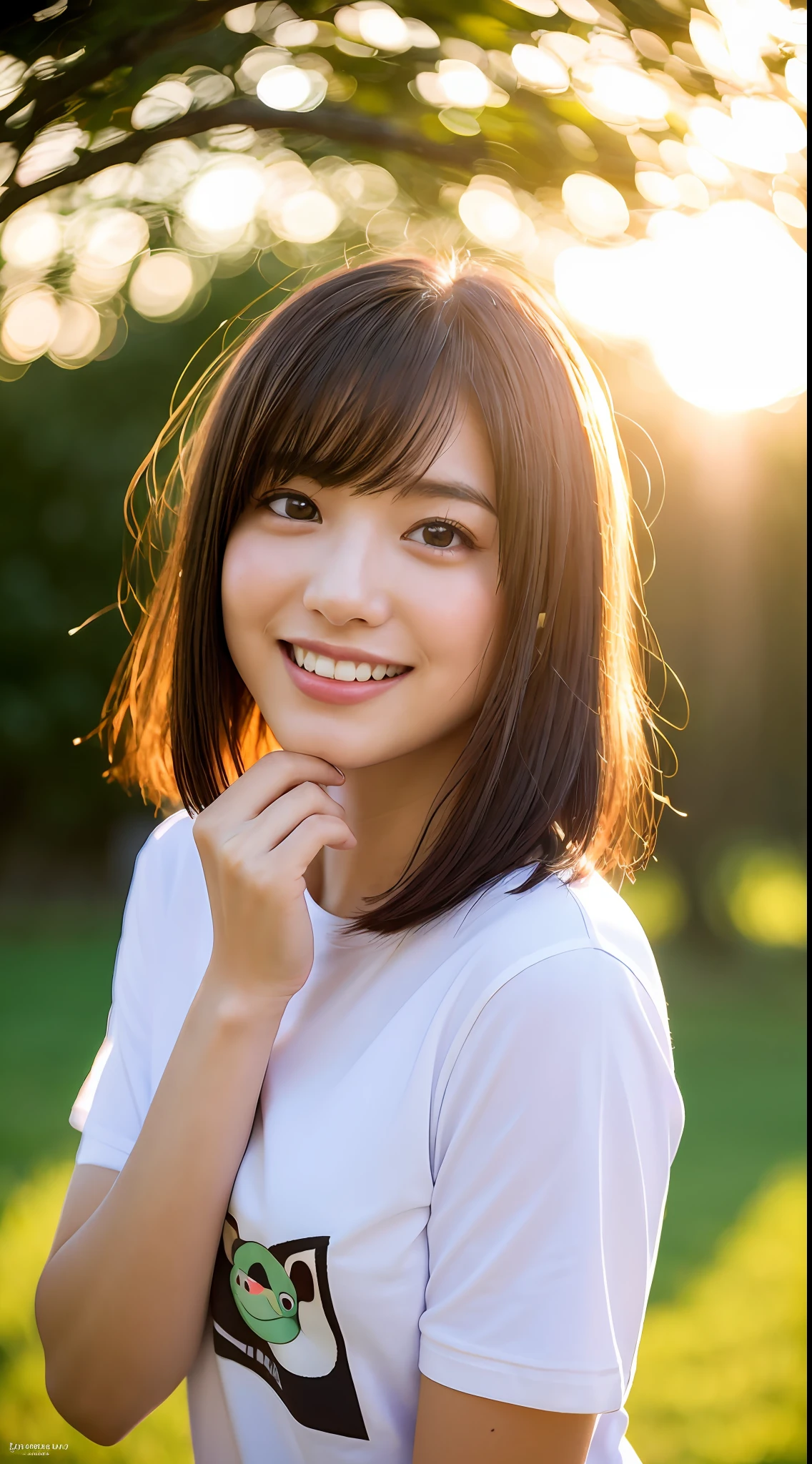 (8k, RAW Photos, Best Quality, High Resolution: 1.1), (Ultra Realistic: 1.4), (Realistic, Photorealistic: 1.3), Soft Light, Big, Girl, Realistic Face, Realistic Body, Realistic Skin, Absurdity, Masterpiece, (Cute: 1.8), Cuties, Solo, (Big: 1.2), Detailed Black Eyes, Innocent Eyes, Cheek, (T-Shirt: 1.2), Cinema Light, Film grain, jewelry, polo shirt, ((short hair: 1.1)), ((floating hair nova frog style)), cherry colored lips, close-up, look viewer, upper body, open lips, upper teeth, (smiling eyes: 0.6), (grinning: 1.2)), depth of field, blurred background, eye focus, sunset, Japan countryside, bokeh, young, 85mm lens, f/1.4, Professional Lighting, Young, Portrait, Photon Mapping, Radiosity, Physically Based Rendering