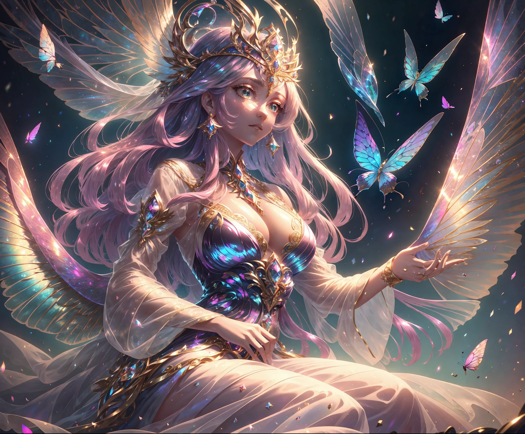 A highly detailed masterpiece of a magnificent celestial queen with a dress made of soft gossamer feathers and silk. The dress is silk and chiffon and contains iridescent details and stunning embroidery. The queen has beautiful iridescent transparent wings that are highly detailed. The head and torso are visible. The background is shimmering, (interesting), colorful, heavenly, pretty, and celestial. The image is the style of fantasy, mythic fantasy, and fairytale fantasy. The image has (hires eyes), big eyes, and beautiful detailed eyes. There should be 1 woman. ((Many)) (colorful flying magical birds and detailed butterflies) with (iridescent detailing). The image should be  (ultra detailed), and intricate with (saturated colors), and a dark pink and pink blue color scheme with rich colors. The queen has a delicate and intricate circlet. The ((masterpiece)) has a dynamic and interesting composition with studio lighting and gradients. The queen is a mature woman with full lips, pretty lips, bright detailed eyes, and smooth realistic skin texture. The queen's face is sweet and mysterious with dynamic expressions. The queen has beautiful and elegant hands with only five fingers. (hires and high resolution)