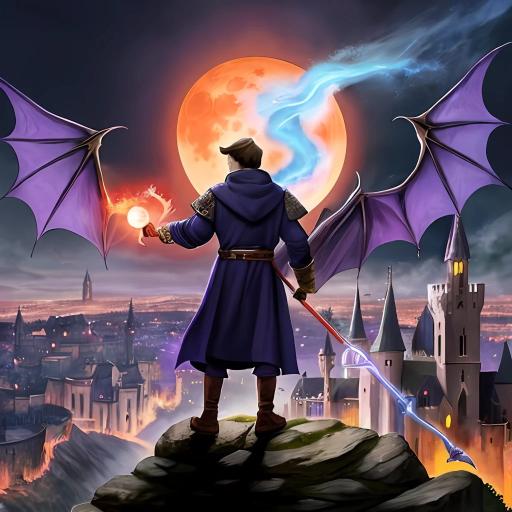 Man, wearing wizard's clothing, holding staff, with purple stone, ultra realistic watching medieval city, on fire, dragon flying over the same city, with red moon background, realistic RPG games