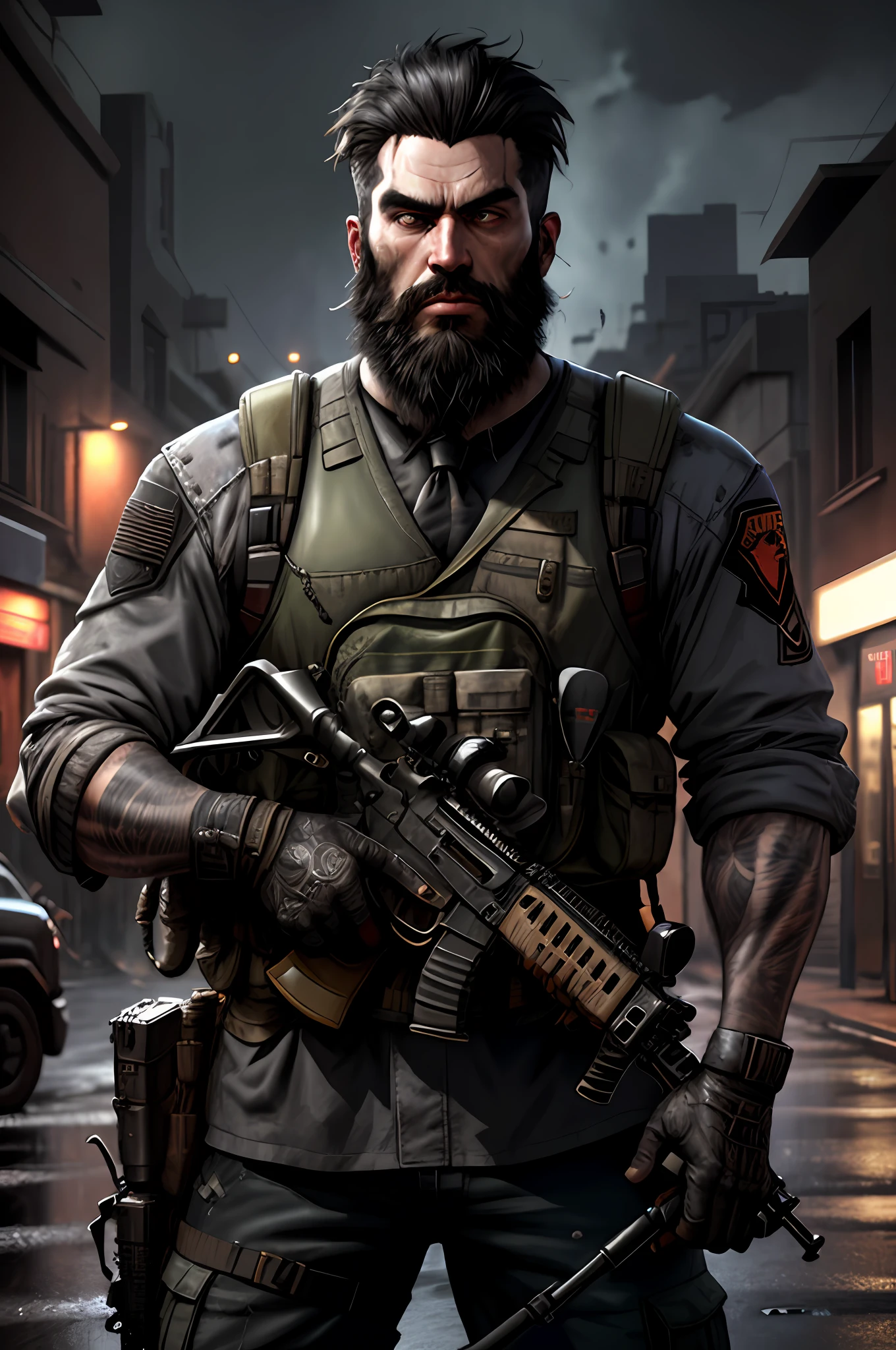 black haired guerrilla with worn black uniform and assault vest, uses assault rifle, beard, ruined background, realistic, stylish, hdr, intricate details, hyperdetailed, cinematic, rim light, danger atmosphere, noir, night, red light, dark street, rain, 4k