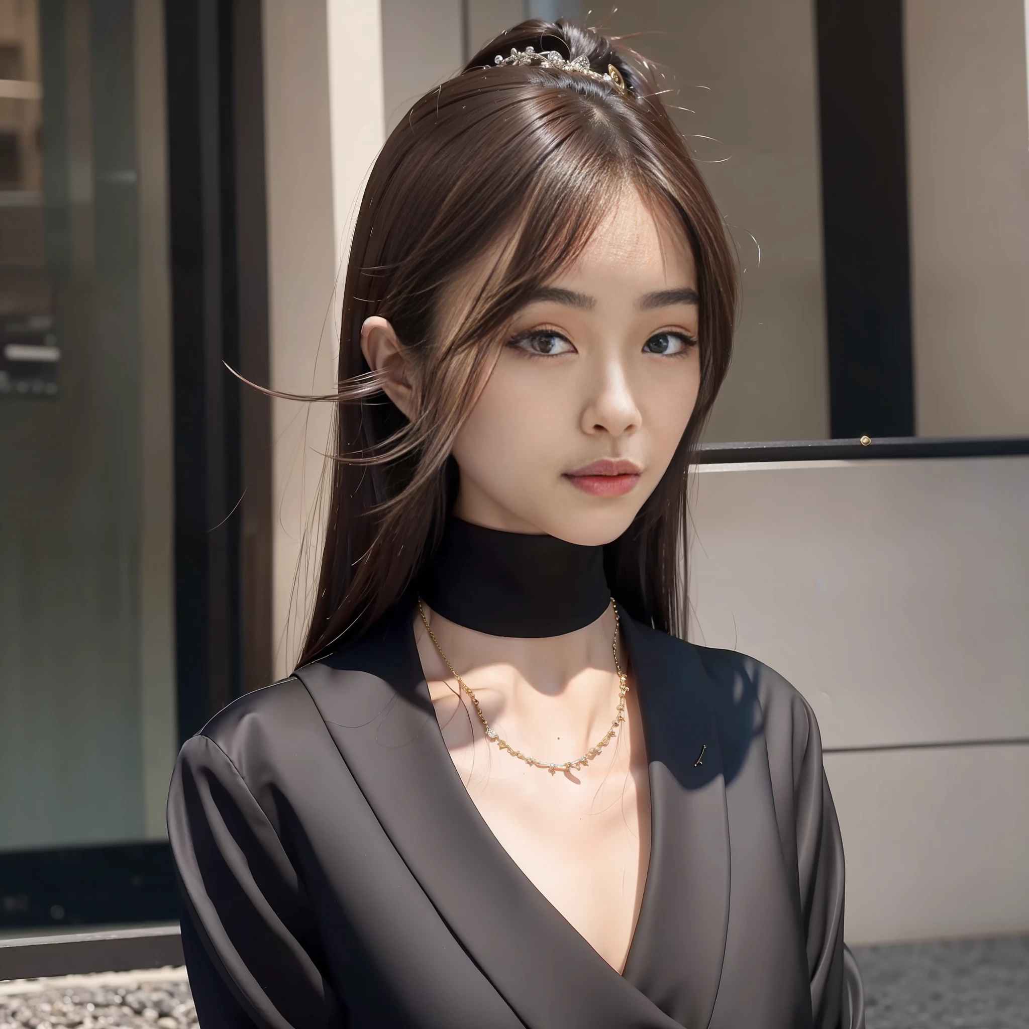 (Best Quality, 8k, 32k, Masterpiece, UHD: 1.2), Photo of a Beautiful Chinese Woman, A Woman: 1.5, (Detailed Face: 1.1), Simple Black Suit, Looking at the Viewer, Full Body Photo: 1.3, Necklace, Dress Shirt, Smile, Lower Body Long Skirt, Slim Figure, Long Legs, High Heels: 1.4, Tall: 1.6