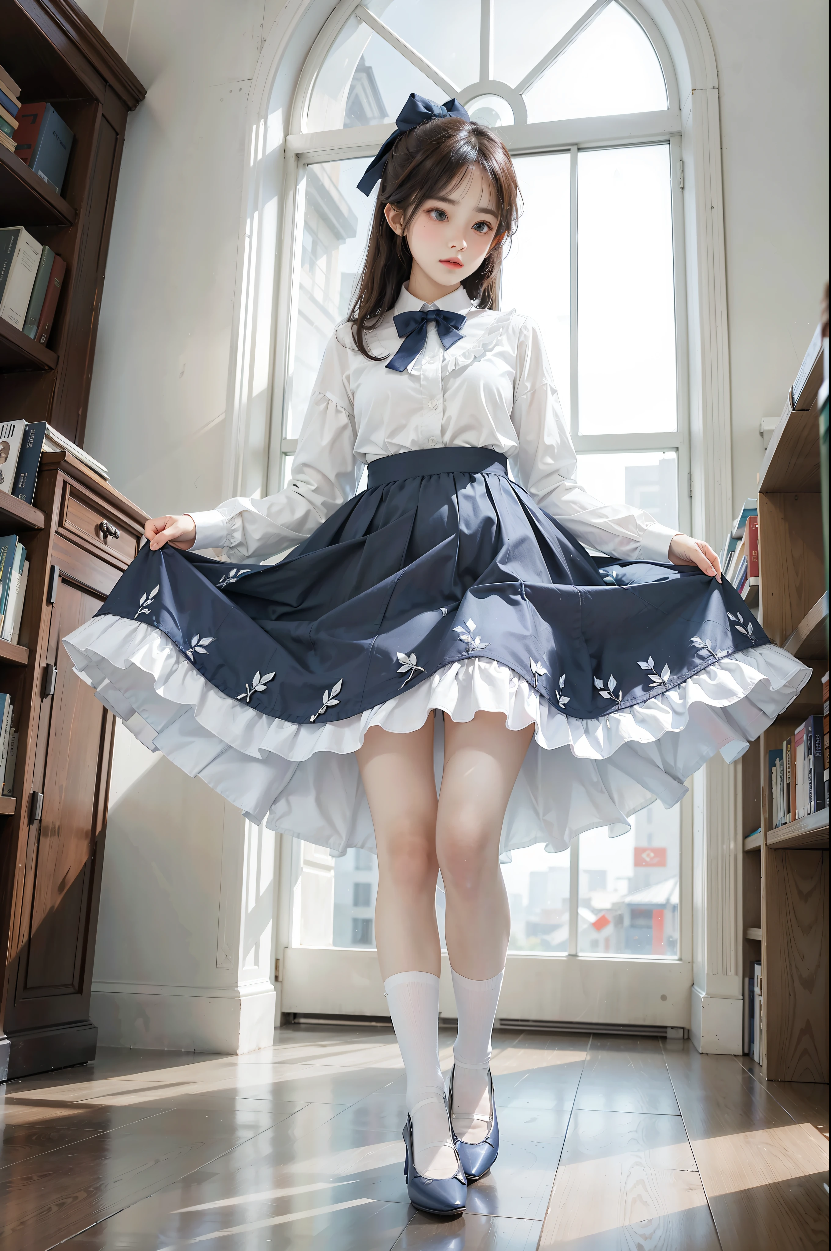 Woman standing alone in library, white light background wearing white floral blouse, dark blue bow tie, dark blue skirt with ruffles, white silk socks, wearing pumps