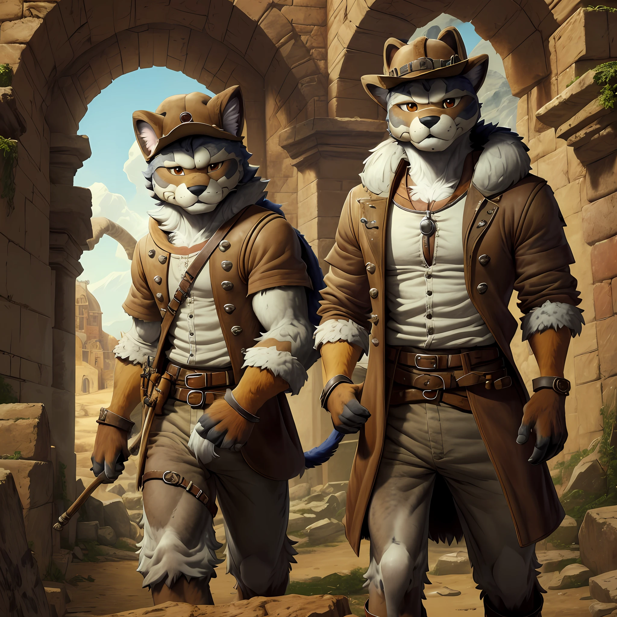 top quality, best quality, High-quality illustrations by Michelangelo, by Johannes Vermeer, masterpiece, super high resolution, detailed background, Old Ruins, Dungeons, Indiana Jones series(highly detailed beautiful face and eyes)absurdres, perfect anatomy(handsome 1boy, kemono, solo focus, Adventurer, Archaeologist)(furry)(furry anthro:1.7)(Furry body, dog facial features, dog body features)(very detailed body fur)full body, Dirty Coat and Hat,