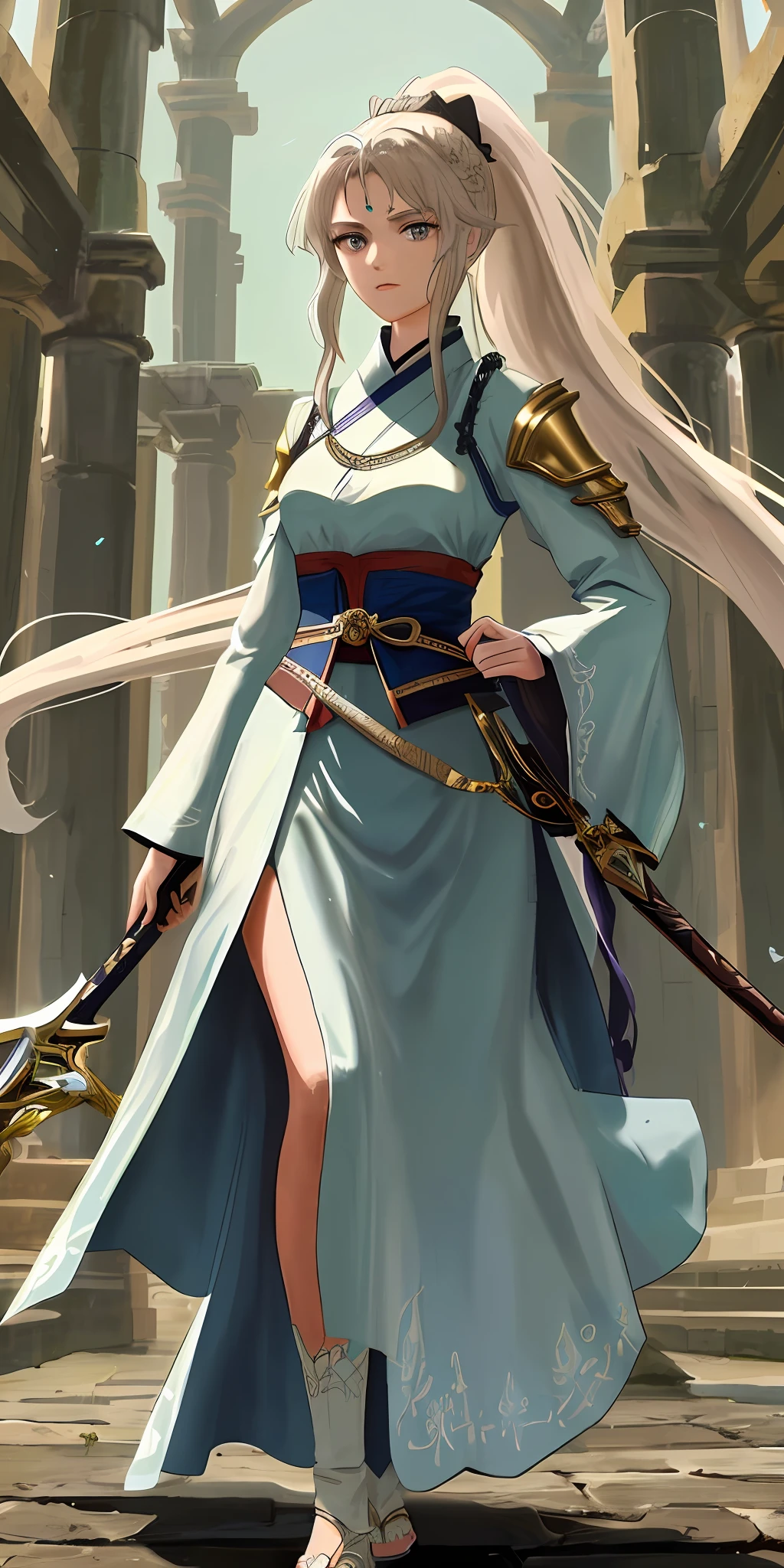 Highly detailed, ultra-detailed, an ancient maiden stands in the distance with a sword. Her hair was pulled into a ponytail and her robe was tucked in with narrow sleeves. Heroic and beautiful