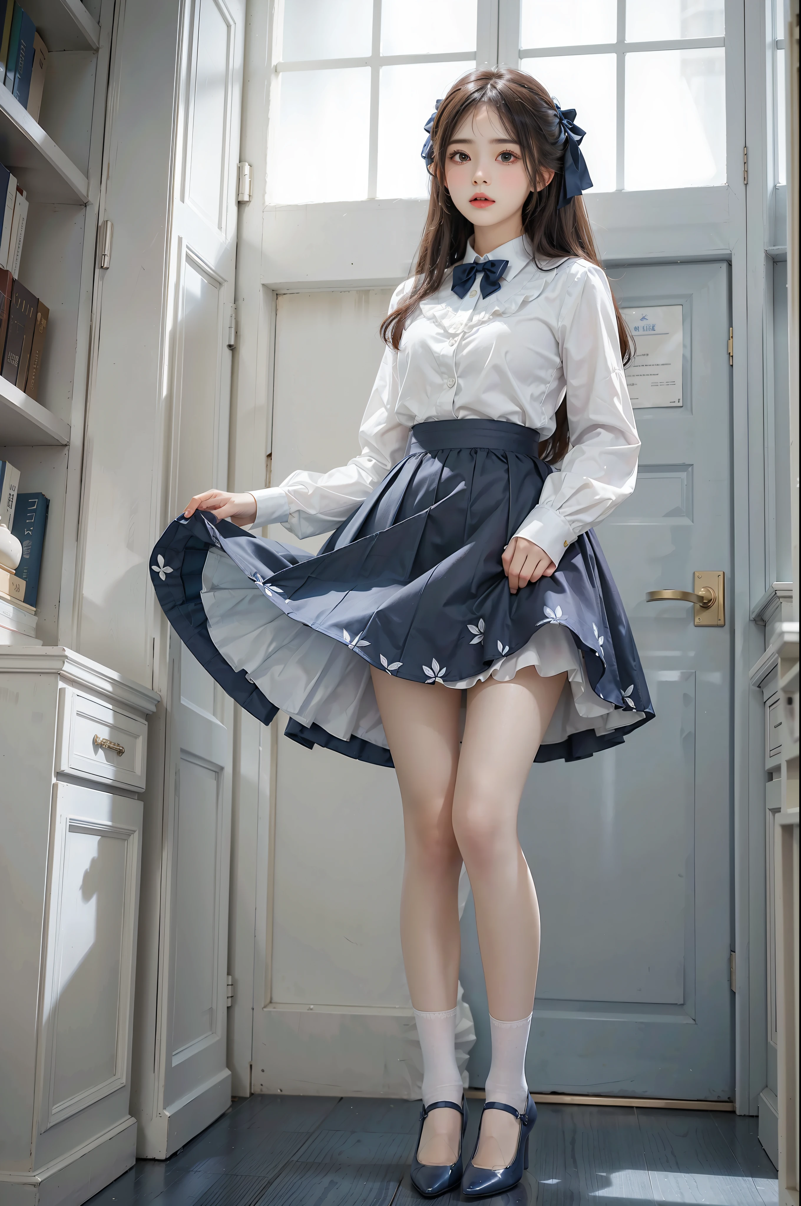 Woman standing alone in library, white light background wearing white floral blouse, dark blue bow tie, dark blue skirt with ruffles, white silk socks, wearing pumps