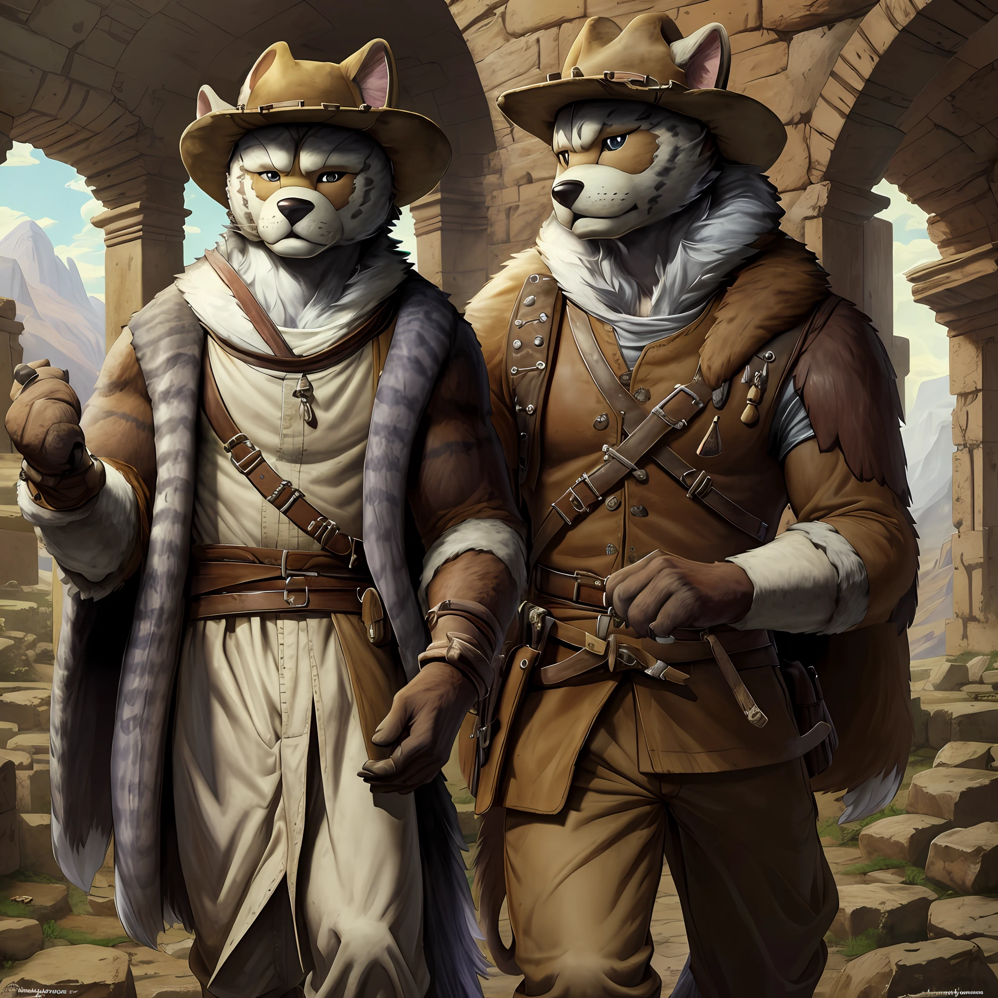 top quality, best quality, High-quality illustrations by Michelangelo, by Johannes Vermeer, masterpiece, super high resolution, detailed background, Old Ruins, Dungeons, Indiana Jones series(highly detailed beautiful face and eyes)absurdres, perfect anatomy(handsome 1boy, kemono, solo focus, Adventurer, Archaeologist)(furry)(furry anthro:1.7)(Furry body, dog facial features, dog body features)(very detailed body fur)full body, Dirty Coat and Hat,